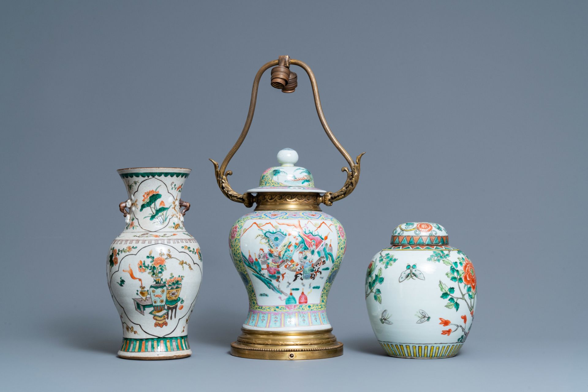 Two Chinese famille verte vases and a lamp-mounted famille rose vase, 19th C. - Image 3 of 6