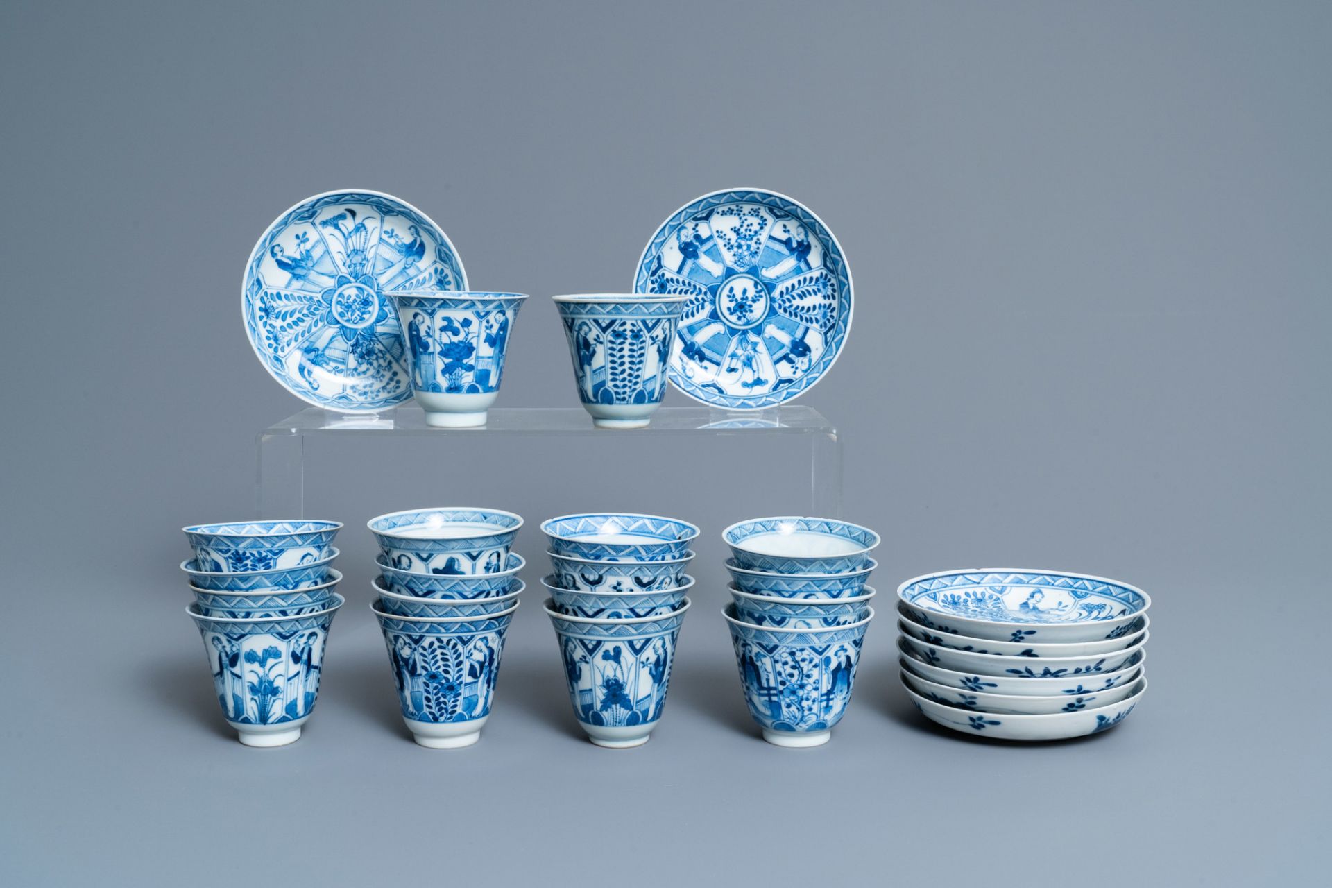 Forty-three Chinese blue and white cups and twenty-five saucers with 'Long Eliza', various marks, 19 - Image 11 of 13