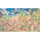 Chinese school, ink and color on canvas: 'Mountainous landscape with goddesses, mythical animals and