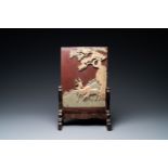 A Chinese wooden table screen with 'duan' stone plaque, 19th C.