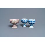 A pair of Chinese blue and white 'dragon' stem cups and one in copper-red, 19/20th C.