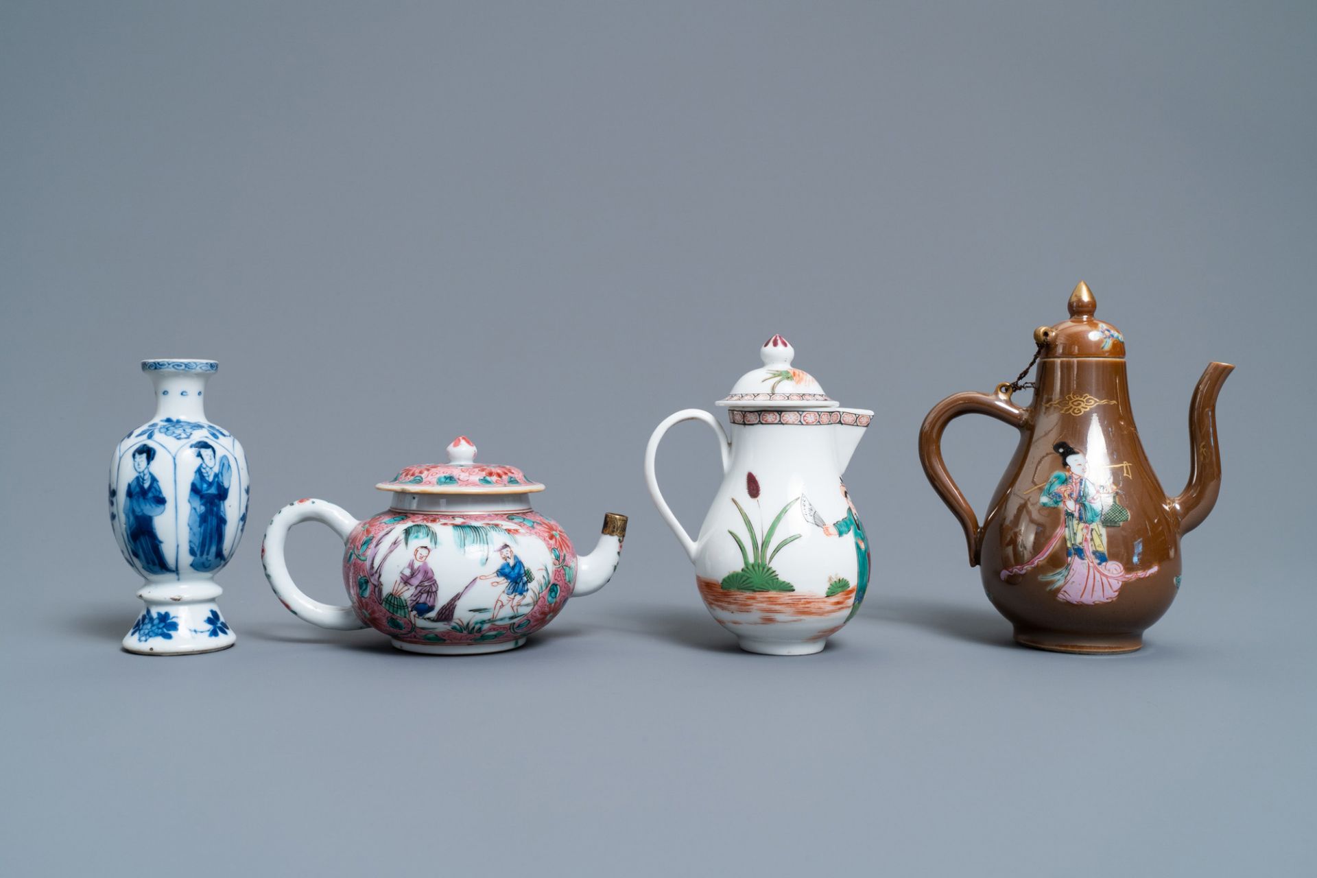 Two Chinese famille rose jugs, a teapot and a blue and white vase, Kangxi and later - Image 3 of 7