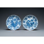 A pair of lobed Chinese blue and white dishes with butterflies, Kangxi