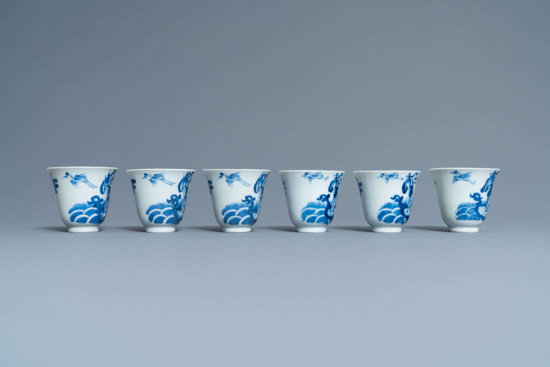 Six Chinese blue and white cups and saucers, 19th C. - Image 7 of 11