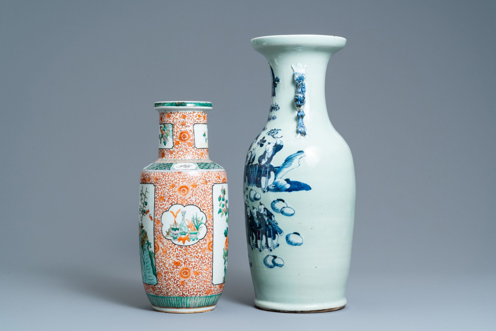 A Chinese blue and white celadon-ground vase and a famille verte rouleau vase, 19th C. - Image 4 of 6