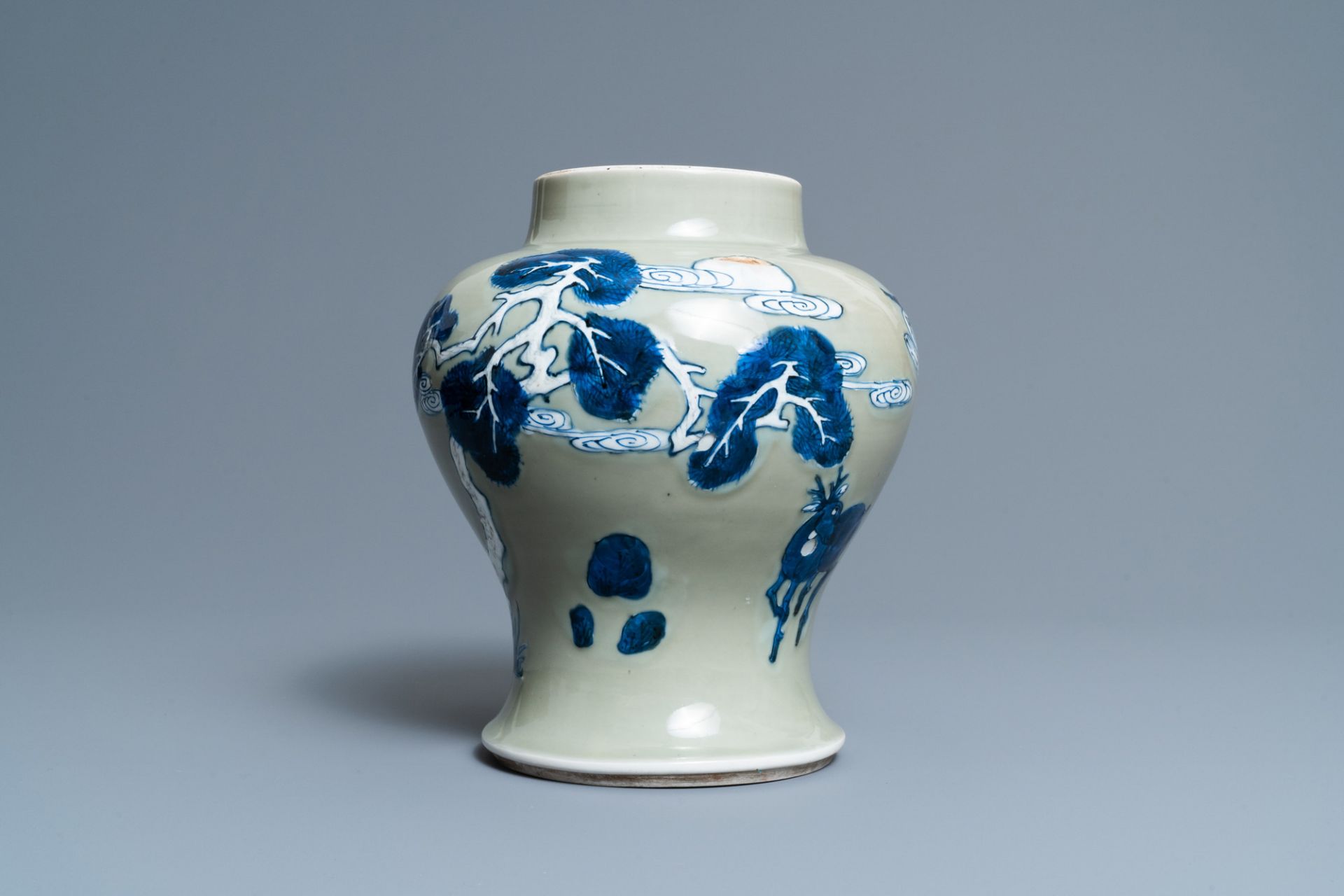 A Chinese blue, white and copper-red celadon-ground 'birds and deer' vase, Kangxi - Image 3 of 7