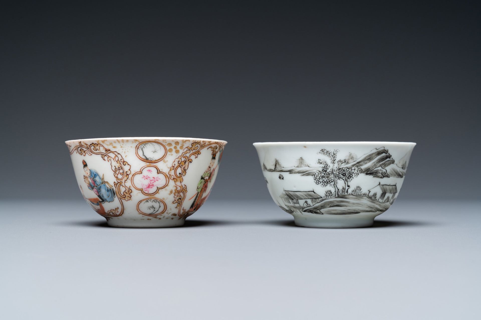 Two Chinese famille rose and grisaille cups and saucers, Yongzheng/Qianlong - Image 5 of 9