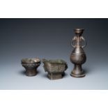 A Chinese bronze vase, a ewer and a censer, Ming/Qing