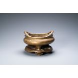 A large Chinese bronze censer on stand, Chenghua mark, 17/18th C.