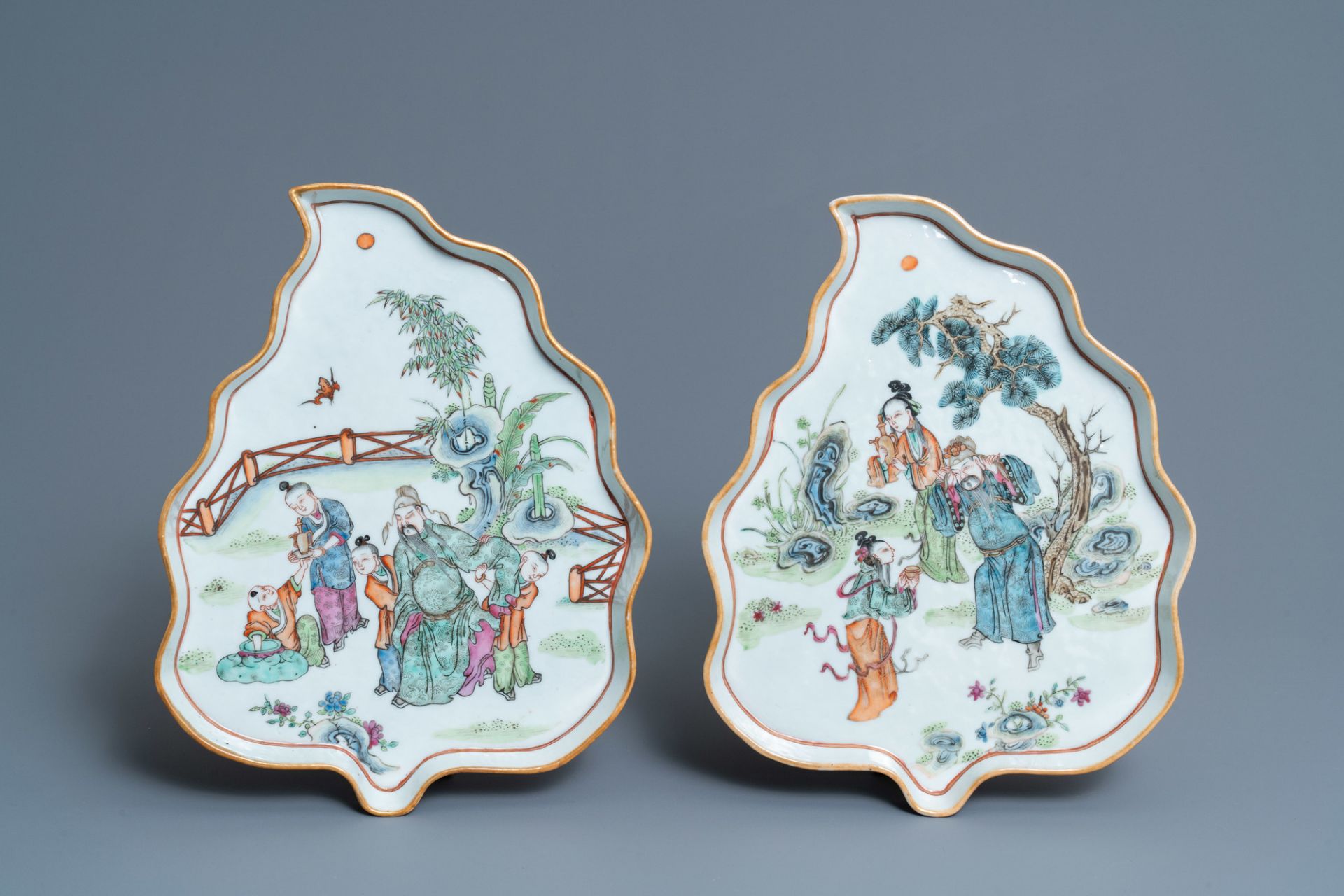 Two Chinese leaf-shaped famille rose dishes, 19th C. - Image 2 of 3