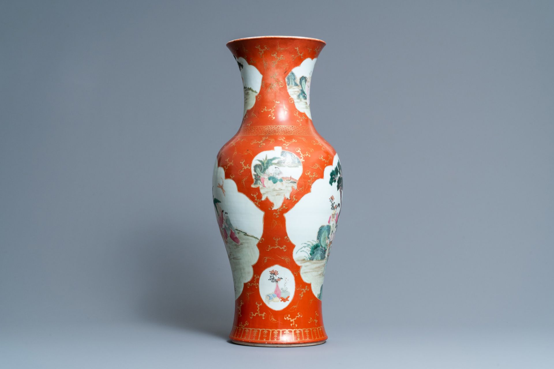 A Chinese famille rose coral red-ground vase, Qianlong mark, Republic - Image 4 of 6