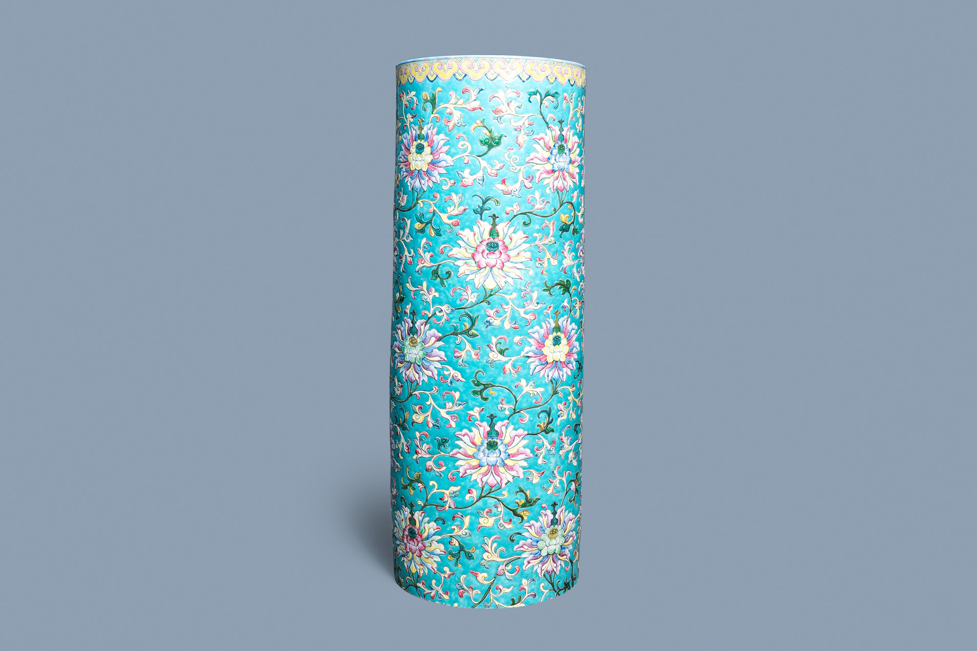 A large Chinese famille rose cylindrical vase with applied lotus scrolls, Jiaqing/Daoguang - Image 5 of 49