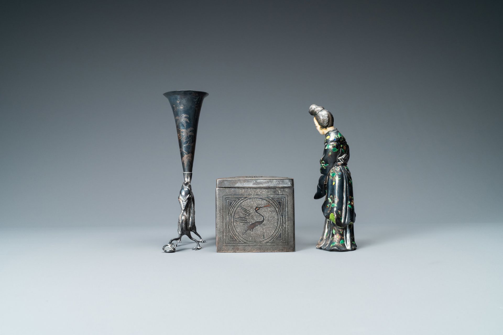 A Chinese enamelled silver figure, a silver vase, a silver-inlaid bronze censer and a silver-plated - Image 3 of 12