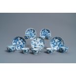 Eight Chinese blue and white cups and five saucers, Kangxi