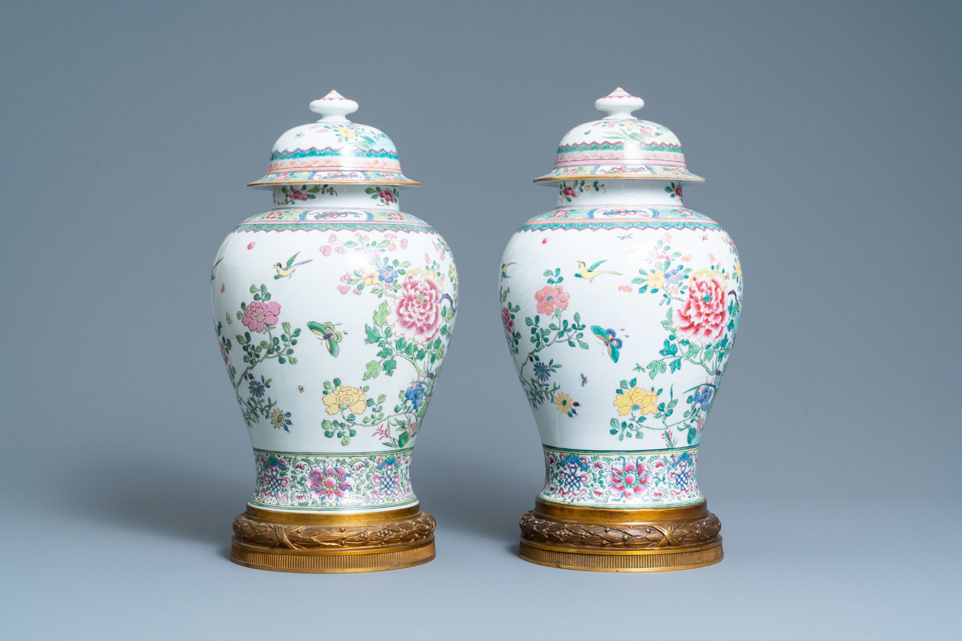 A pair of tall gilt bronze-mounted famille rose-style baluster vases and covers, Samson, Paris, 19th - Image 2 of 8