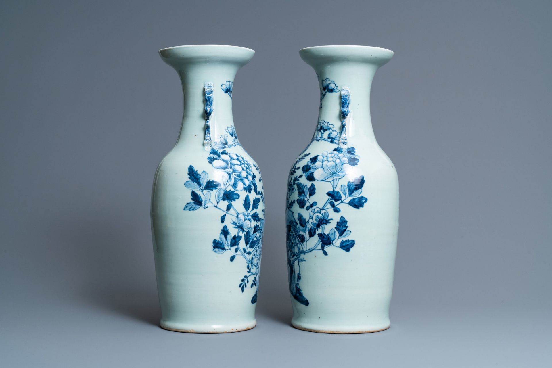 A pair of Chinese blue and white celadon 'pheasant' vases, 19th C. - Image 4 of 6