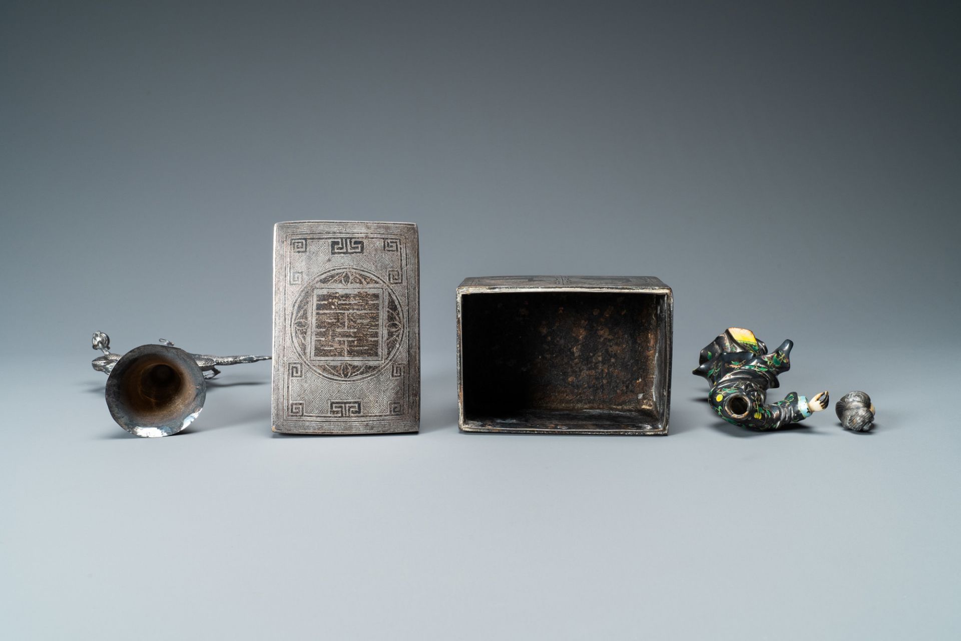 A Chinese enamelled silver figure, a silver vase, a silver-inlaid bronze censer and a silver-plated - Image 6 of 12