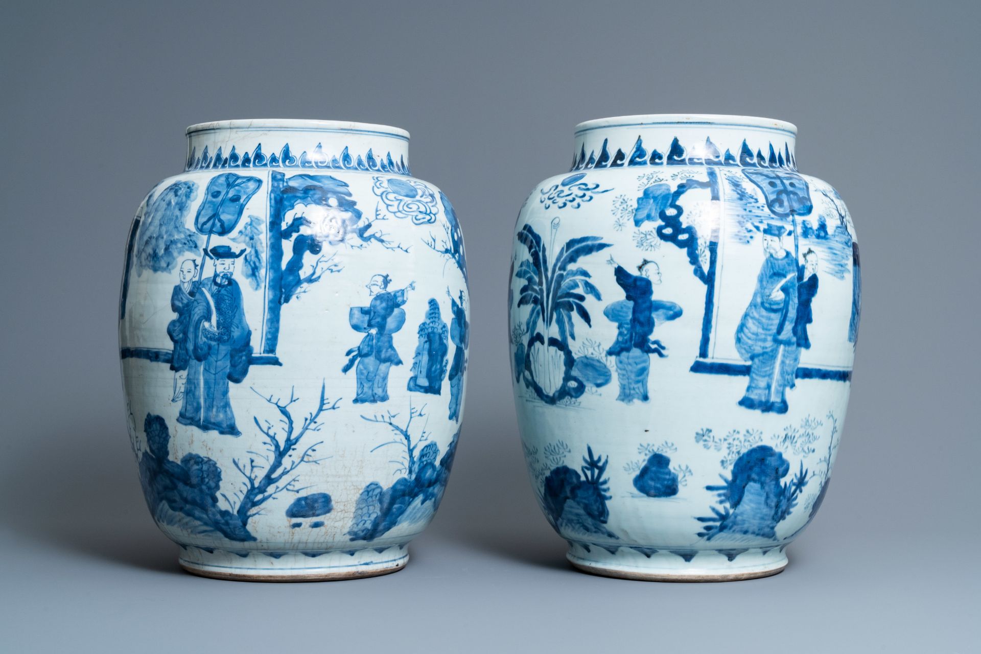 Three large Chinese blue and white vases with figures, Transitional period - Image 2 of 13