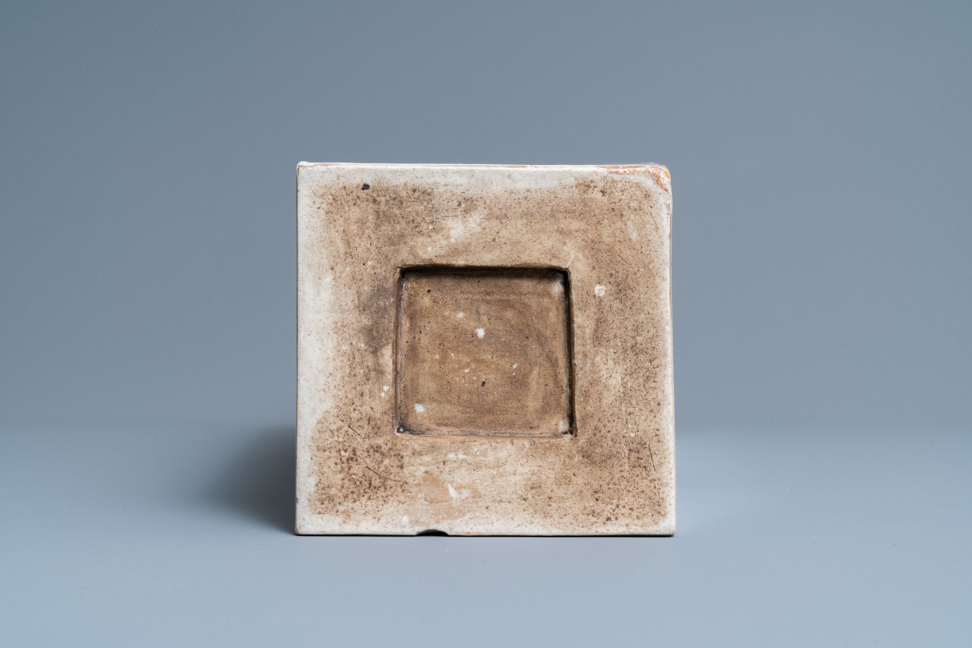 A Chinese blue and white, celadon and copper-red tapering square vase with landscape panels, Kangxi - Image 6 of 6