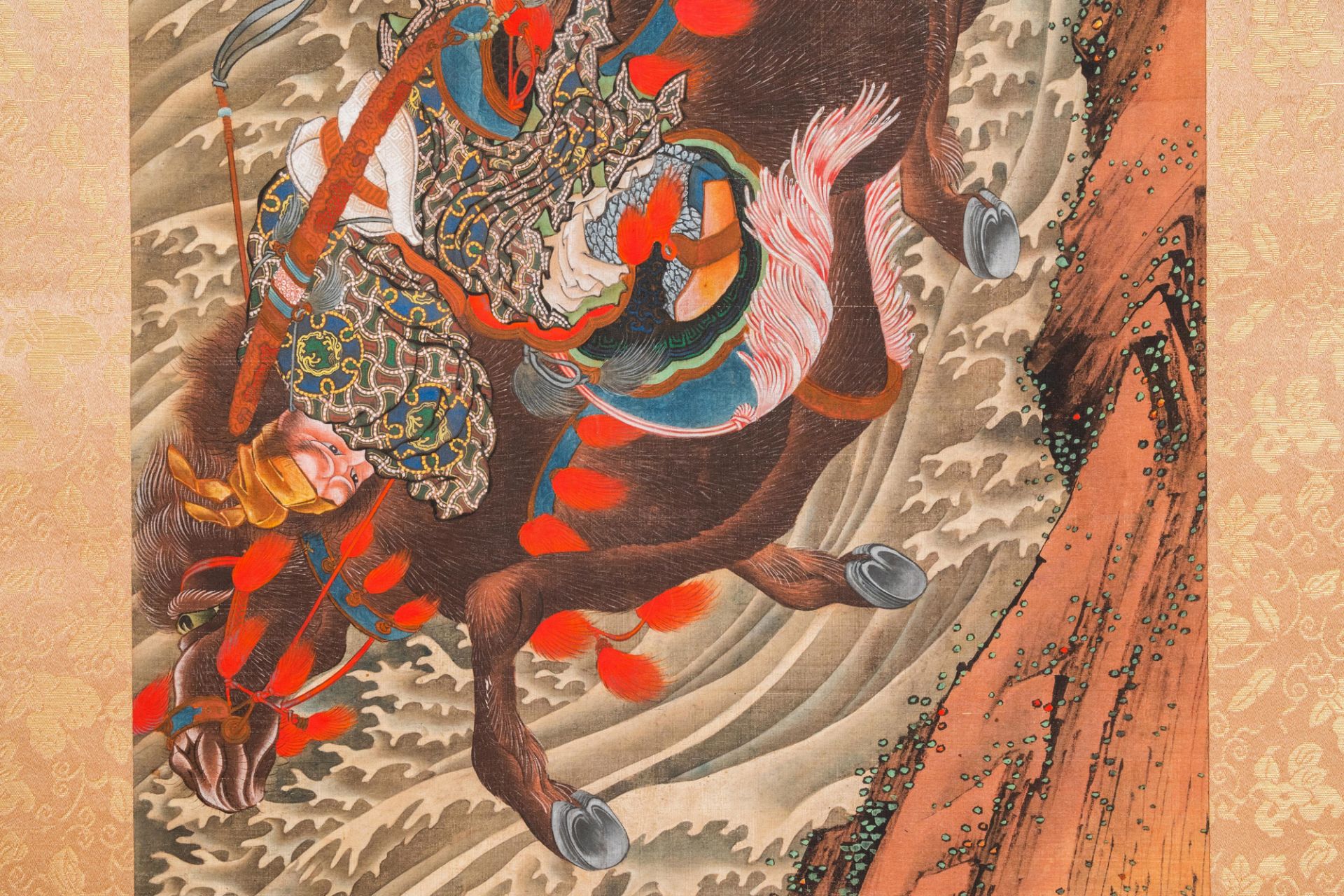 Katsushika Hokusai (Japan, 1760 - 1849), ink and color on silk: Ryubi jumping his horse across a str - Image 8 of 31
