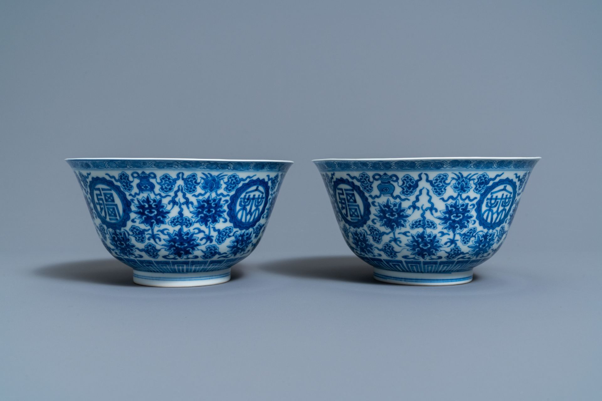 A pair of Chinese blue and white 'wan shou wu jiang' bowls, Qianlong mark and of the period - Image 3 of 9