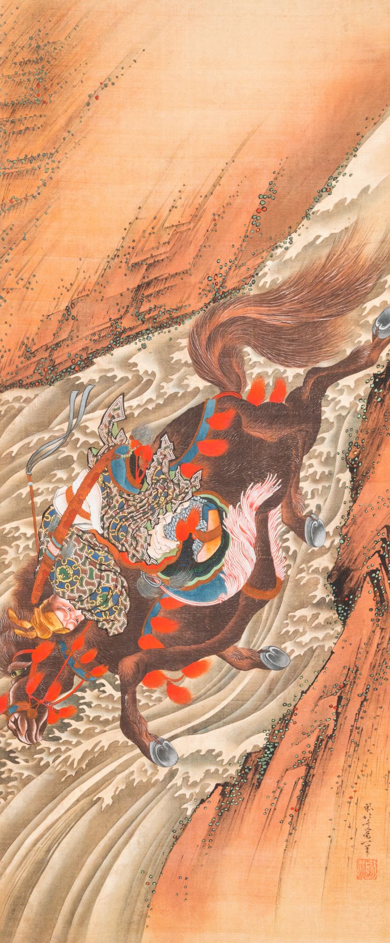 Katsushika Hokusai (Japan, 1760 - 1849), ink and color on silk: Ryubi jumping his horse across a str