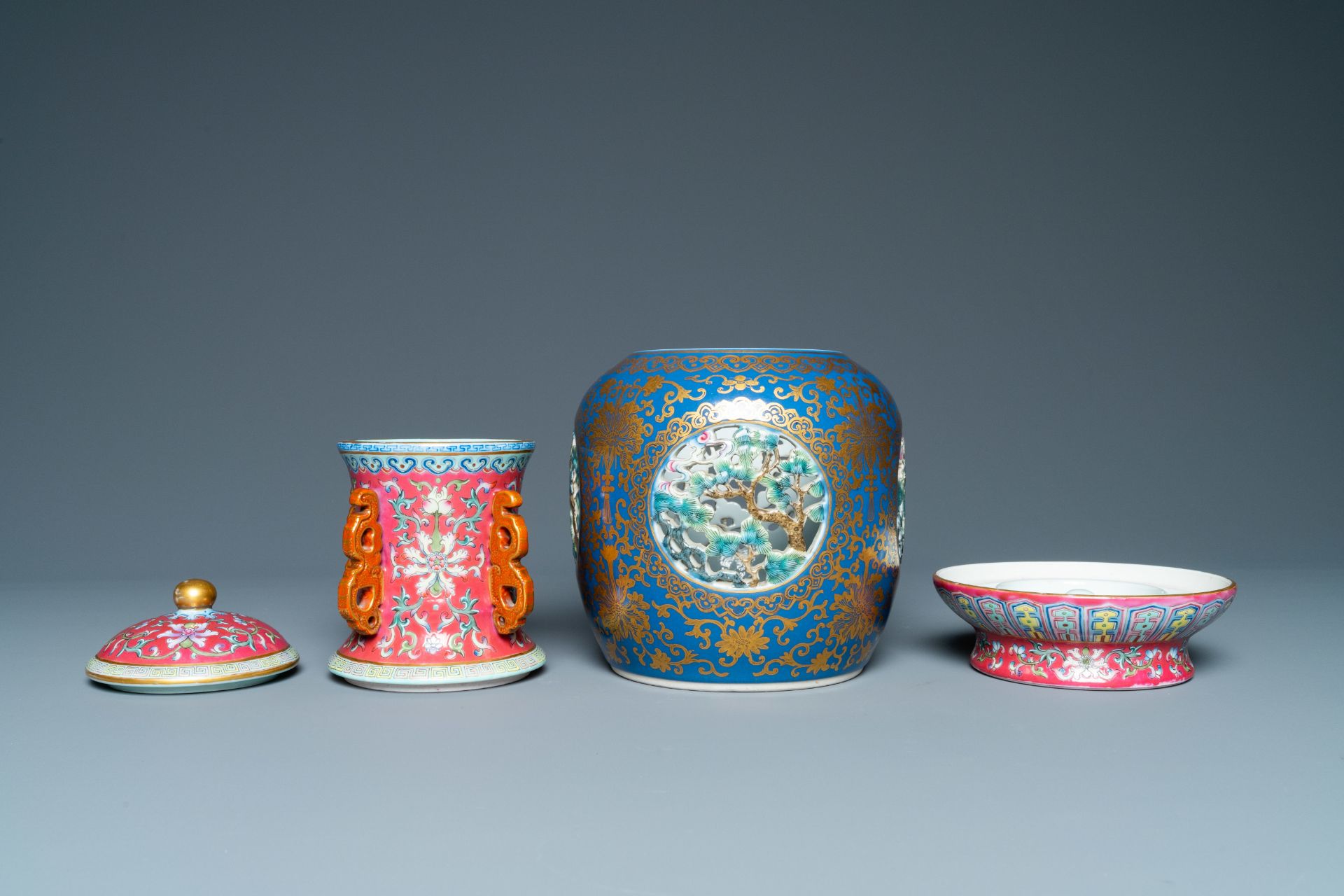 A four-piece Chinese famille rose revolving and reticulated vase, Qianlong mark, Republic - Image 9 of 19