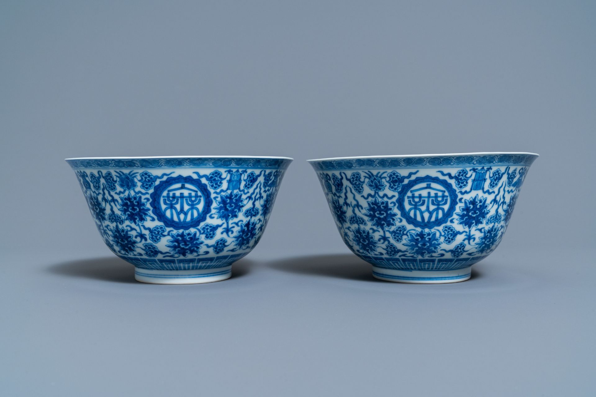 A pair of Chinese blue and white 'wan shou wu jiang' bowls, Qianlong mark and of the period - Image 7 of 9