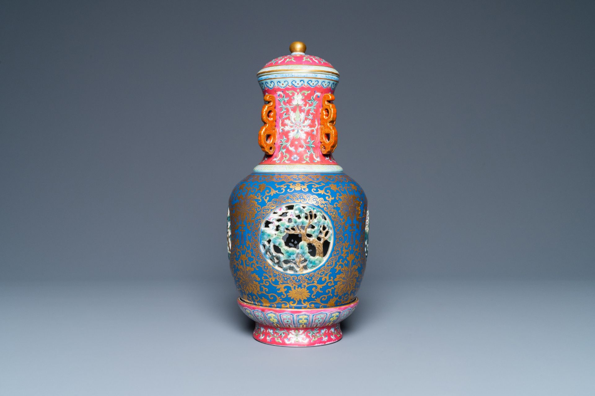 A four-piece Chinese famille rose revolving and reticulated vase, Qianlong mark, Republic - Image 4 of 19