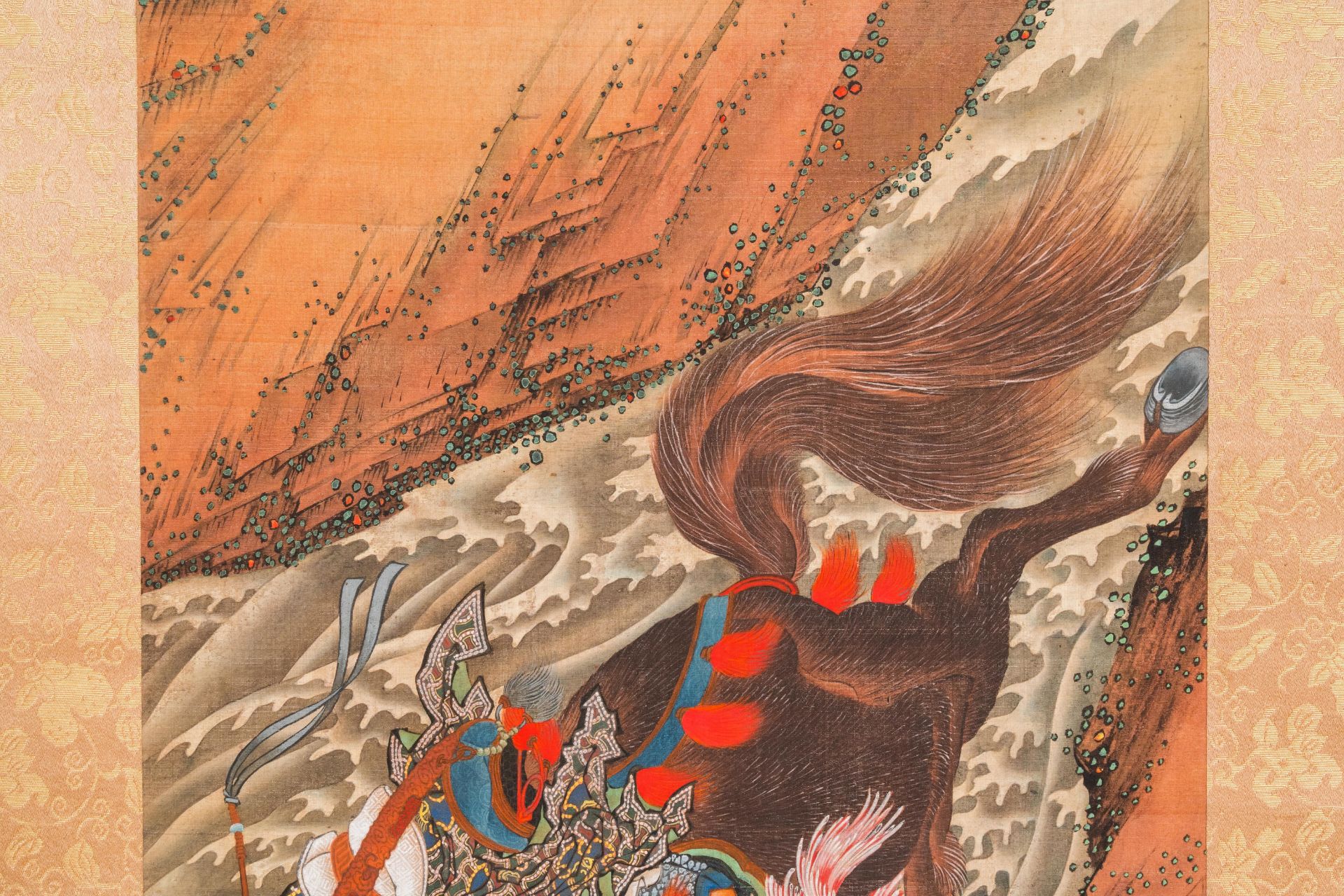 Katsushika Hokusai (Japan, 1760 - 1849), ink and color on silk: Ryubi jumping his horse across a str - Image 4 of 31