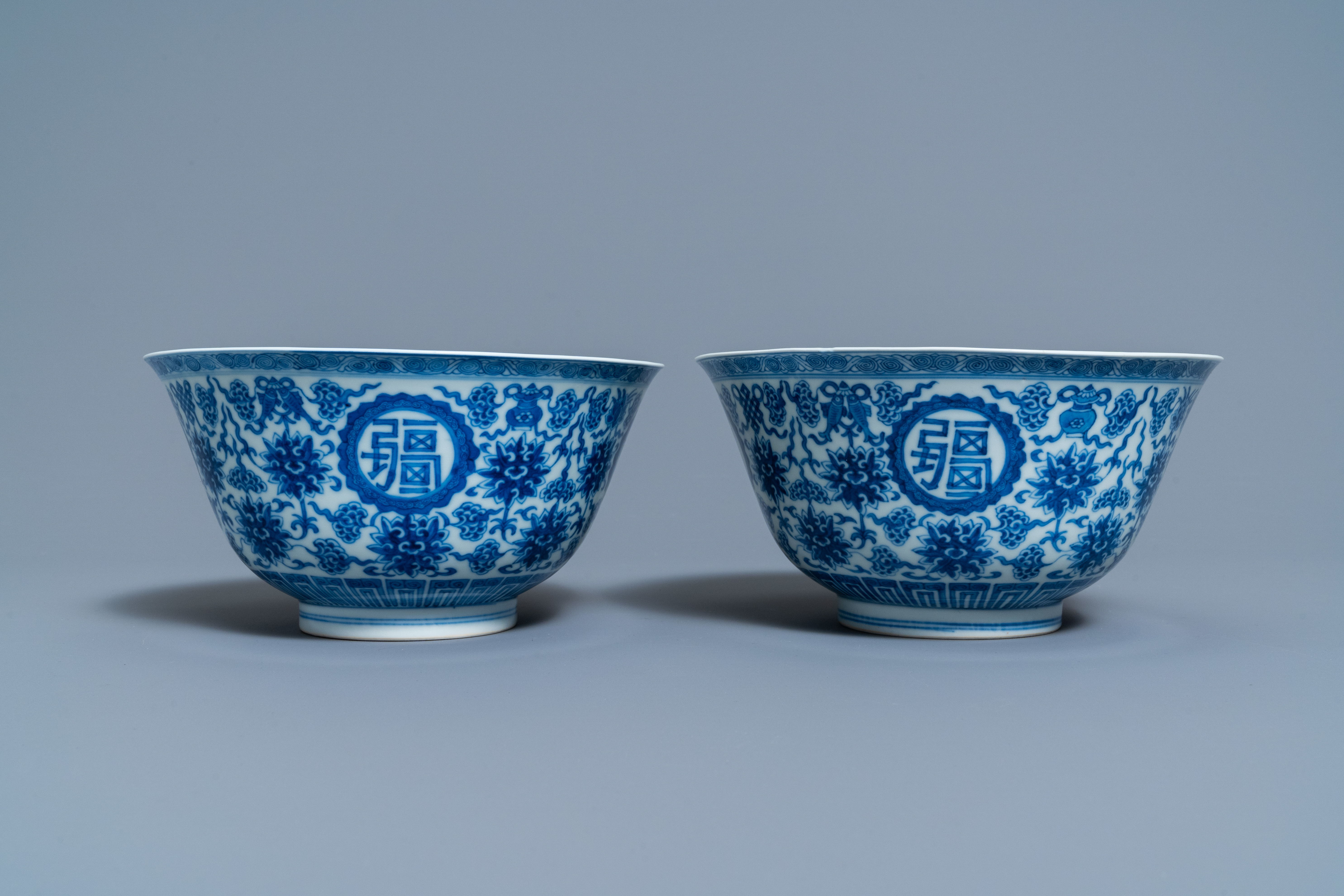 A pair of Chinese blue and white 'wan shou wu jiang' bowls, Qianlong mark and of the period - Image 6 of 9