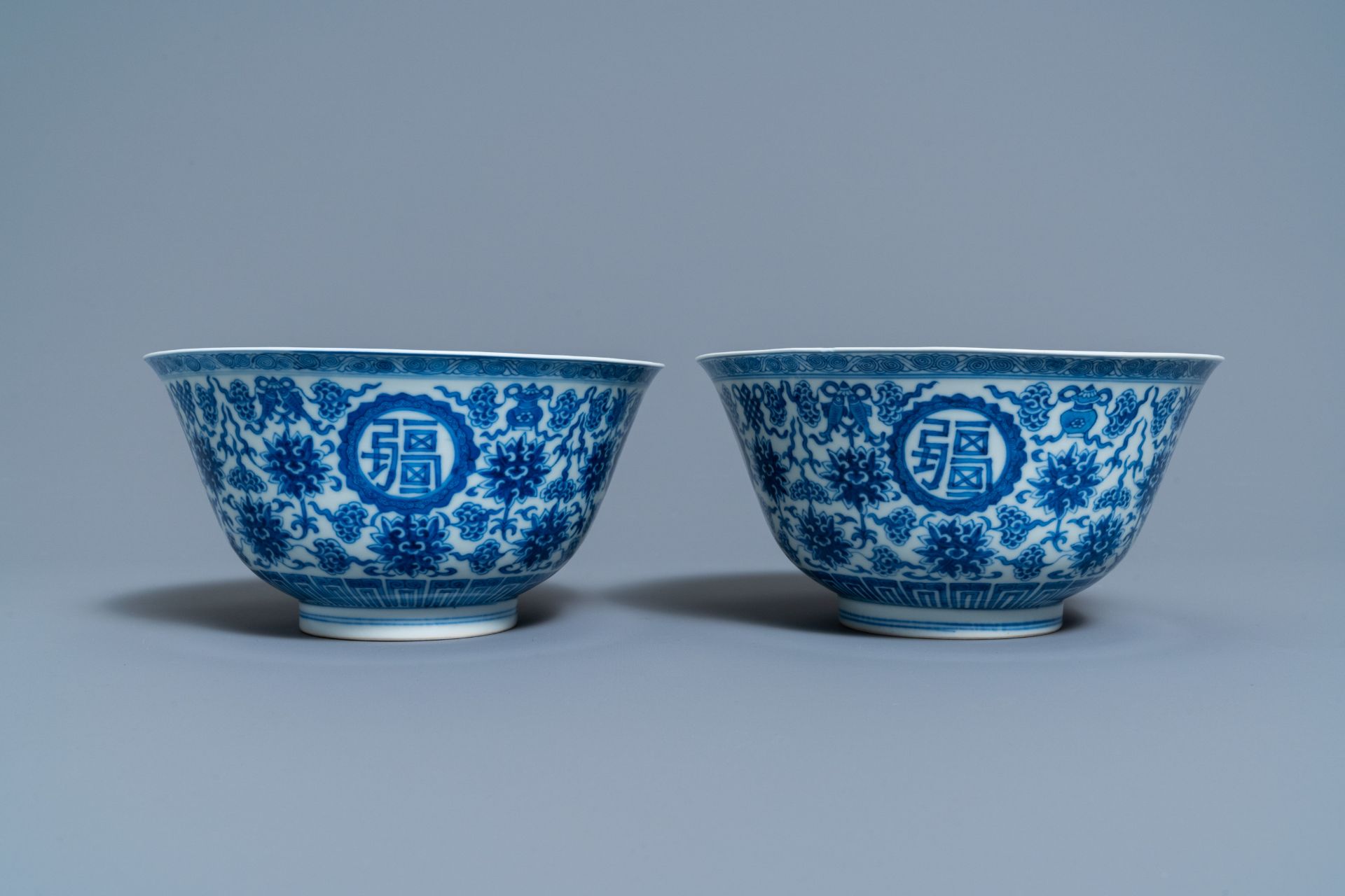 A pair of Chinese blue and white 'wan shou wu jiang' bowls, Qianlong mark and of the period - Image 6 of 9