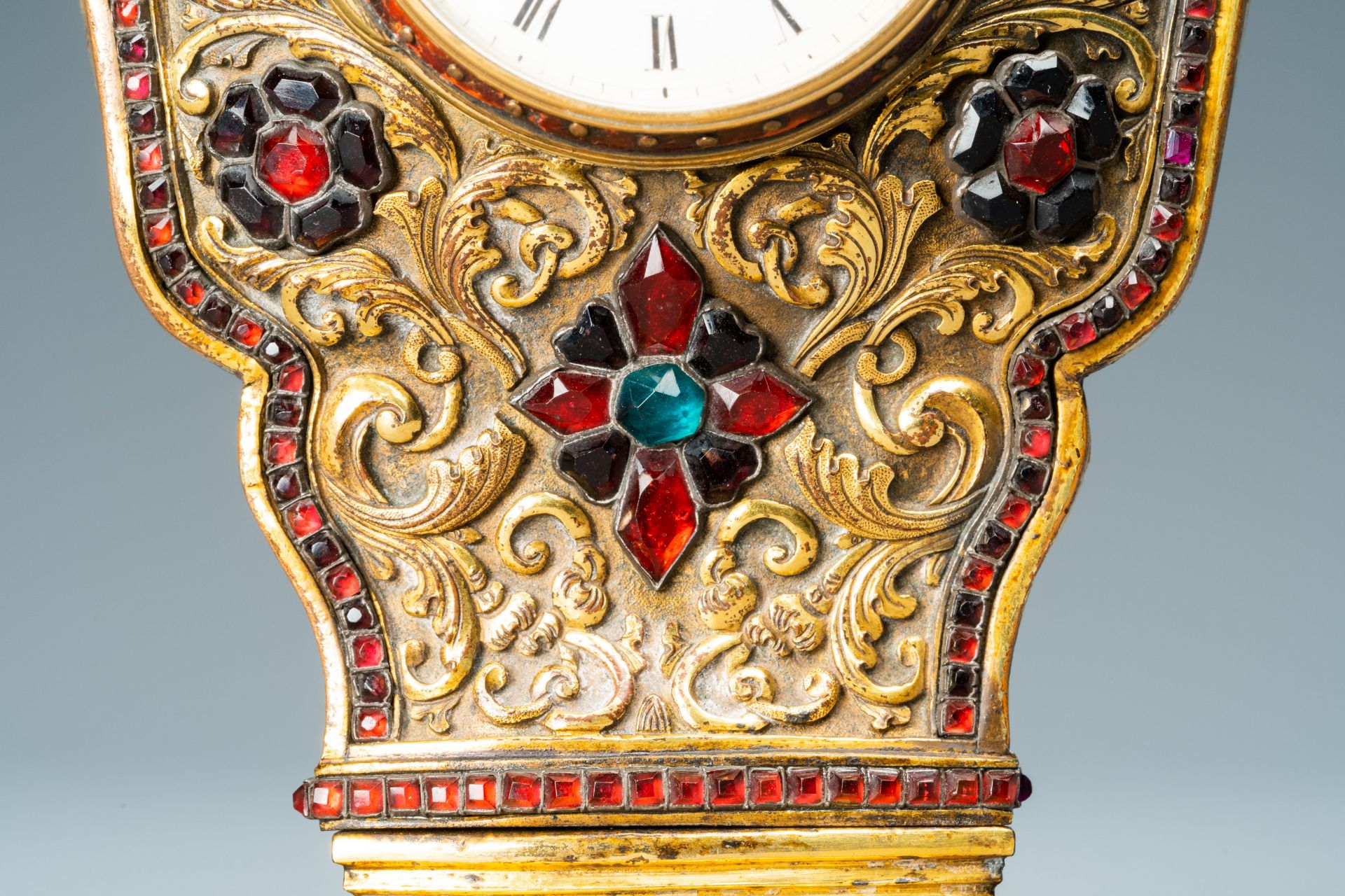 A Chinese semi-precious stone embellished gilt-bronze clock, Canton & Prior of London, Qianlong - Image 13 of 20