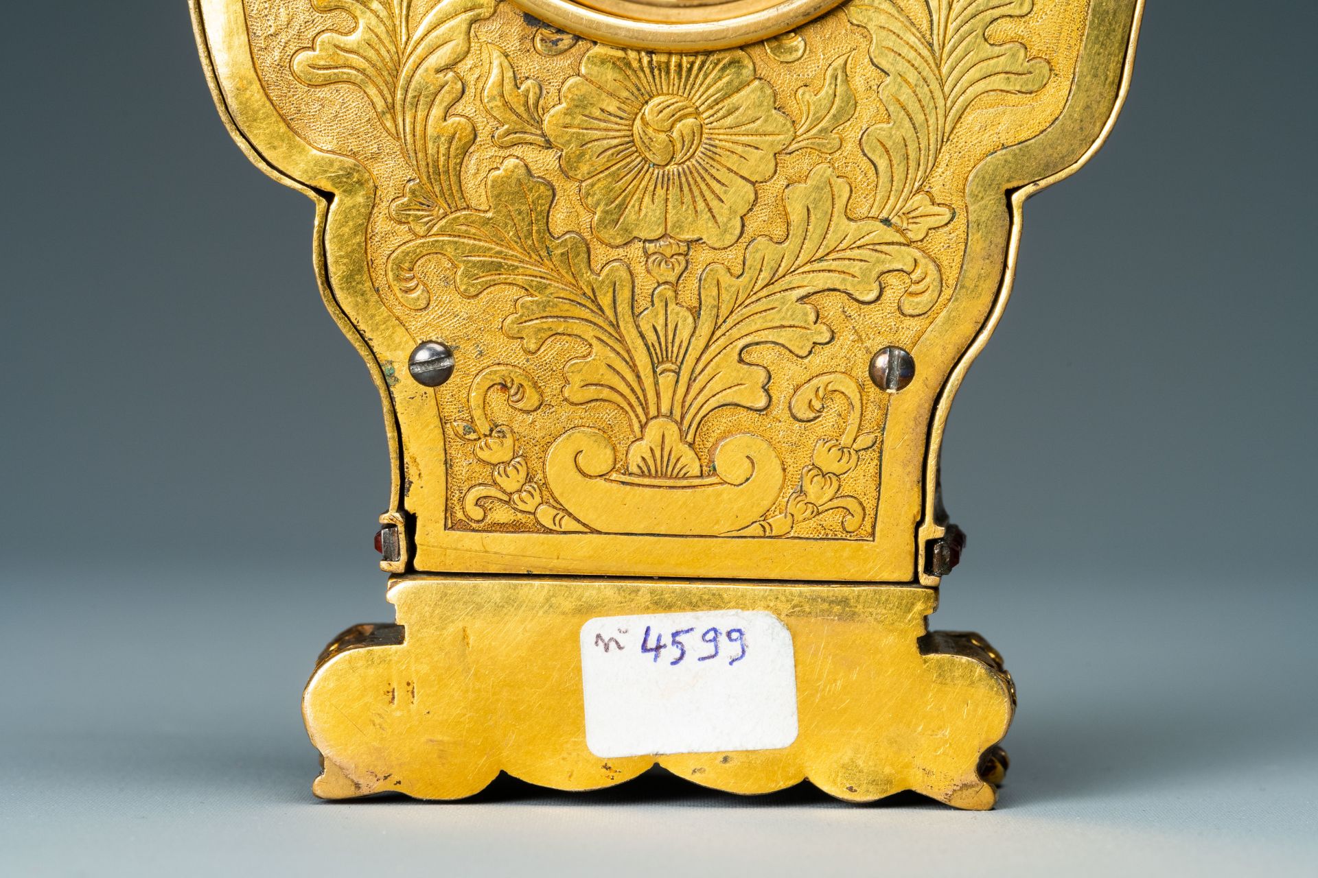 A Chinese semi-precious stone embellished gilt-bronze clock, Canton & Prior of London, Qianlong - Image 18 of 20