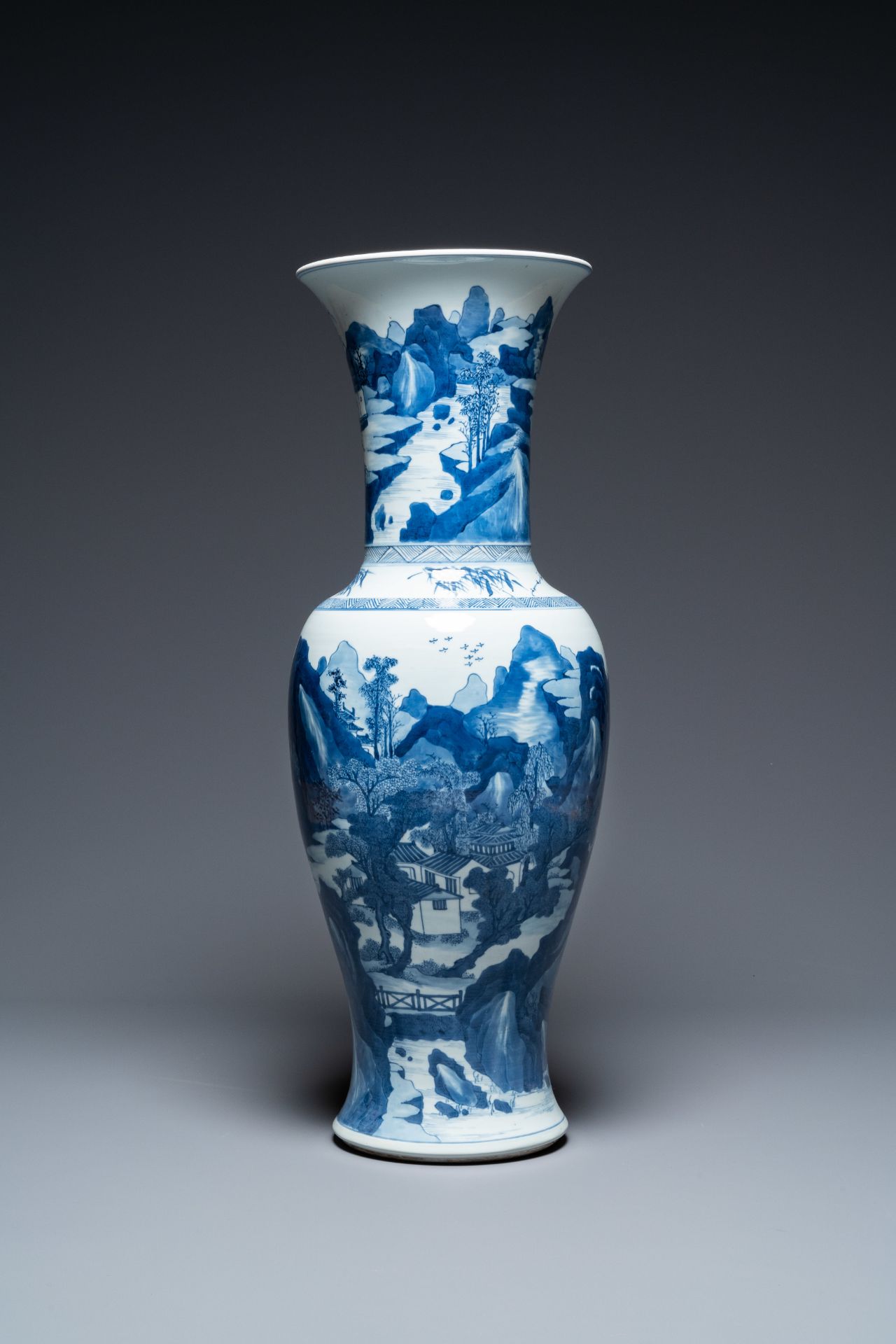 A large Chinese blue and white 'yenyen' vase with figures in a mountainous landscape, Kangxi - Image 3 of 7