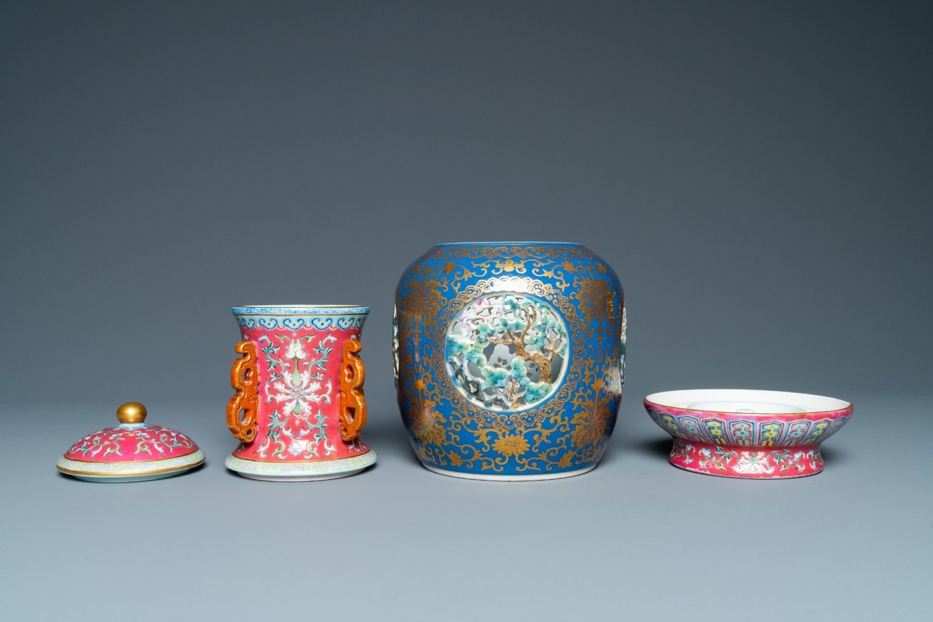 A four-piece Chinese famille rose revolving and reticulated vase, Qianlong mark, Republic - Image 10 of 19