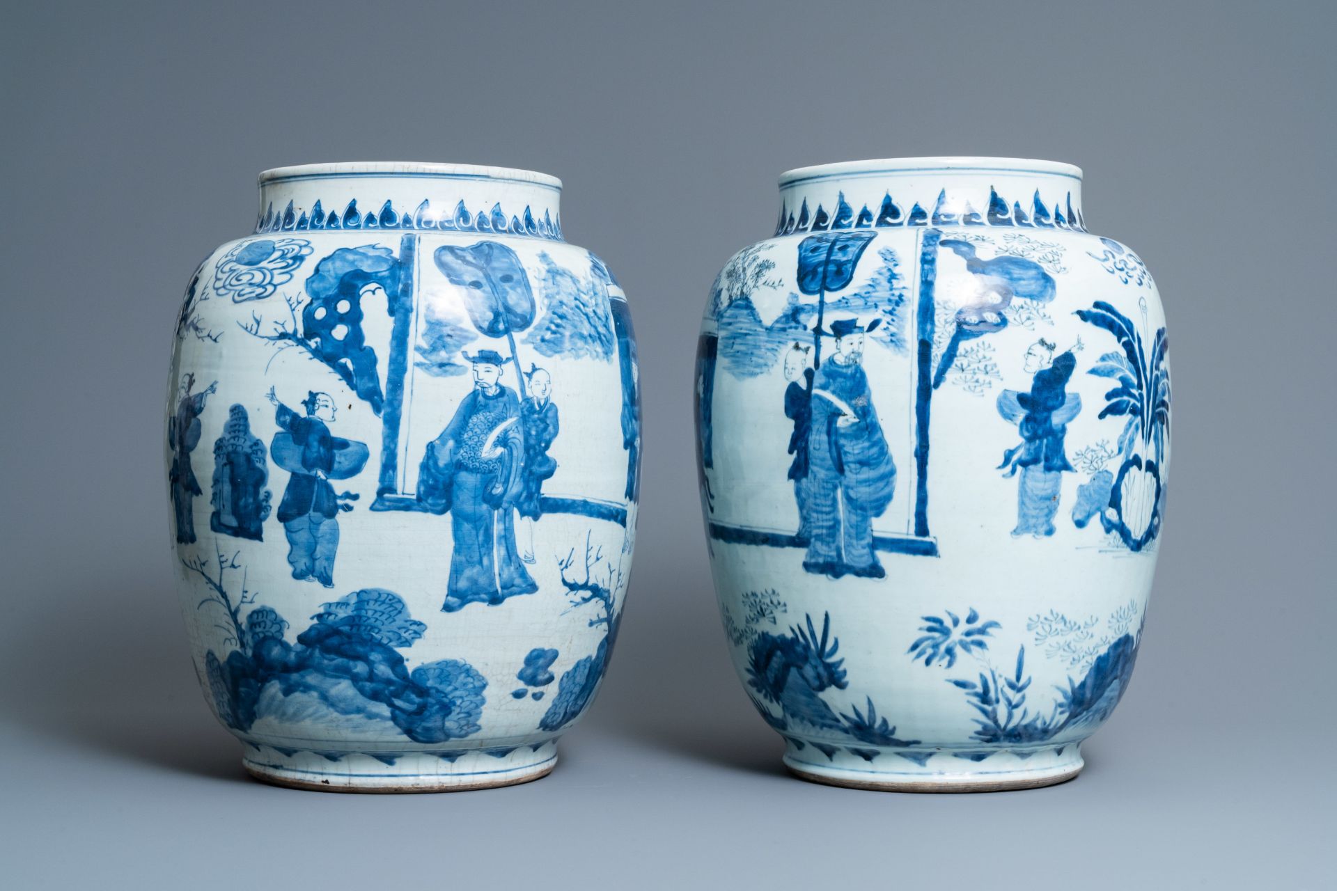 Three large Chinese blue and white vases with figures, Transitional period - Image 3 of 13