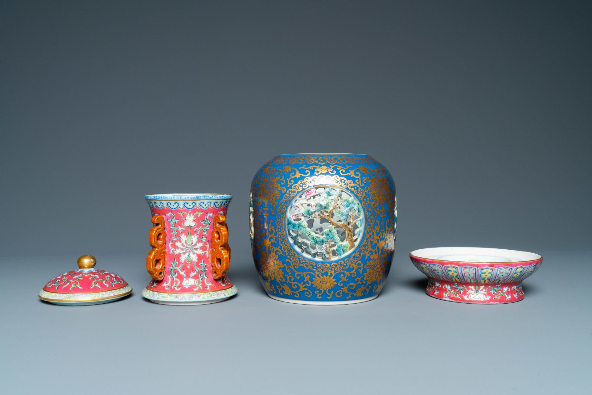 A four-piece Chinese famille rose revolving and reticulated vase, Qianlong mark, Republic - Image 8 of 19