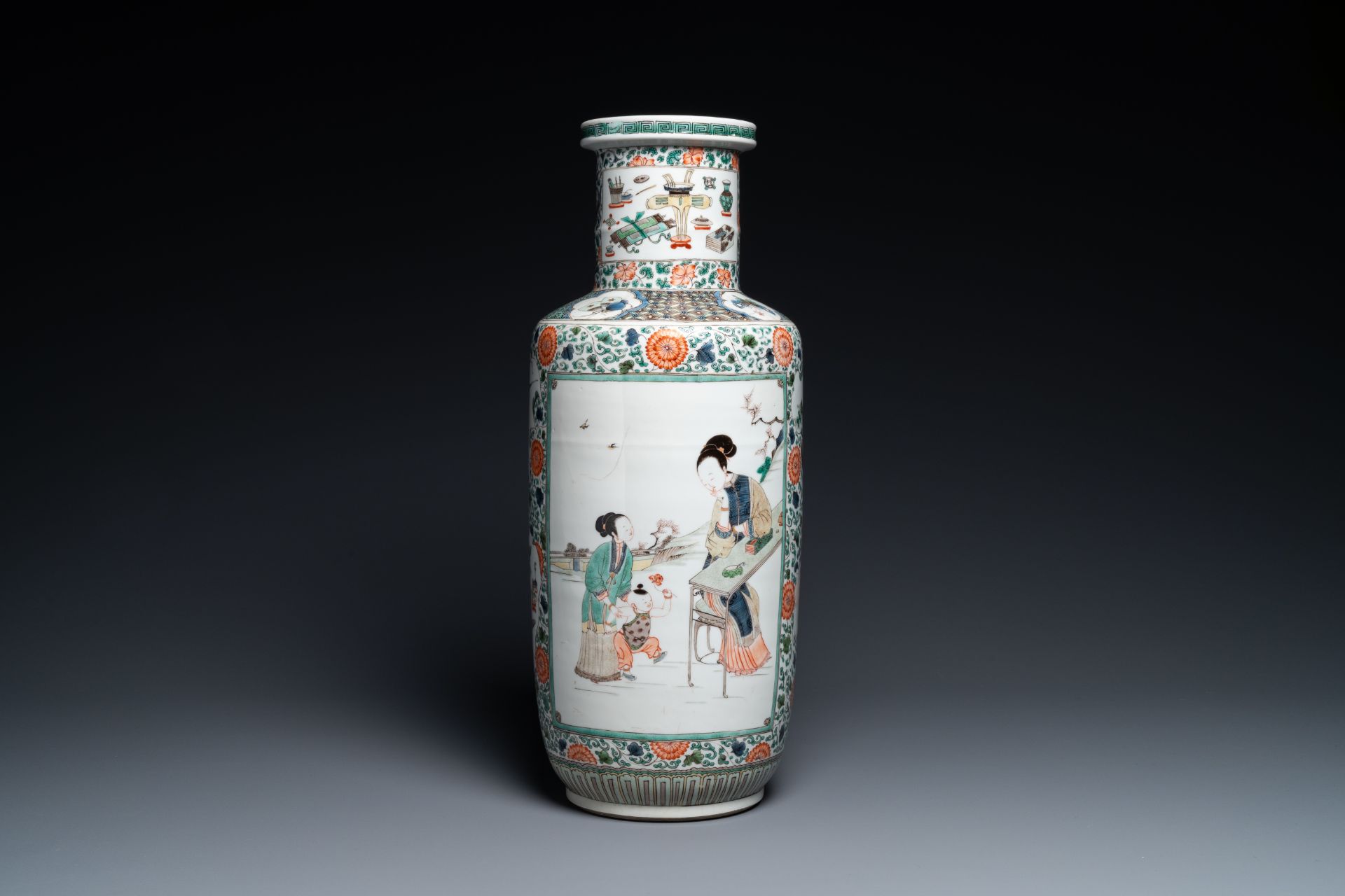 A fine Chinese famille verte rouleau vase, Kangxi