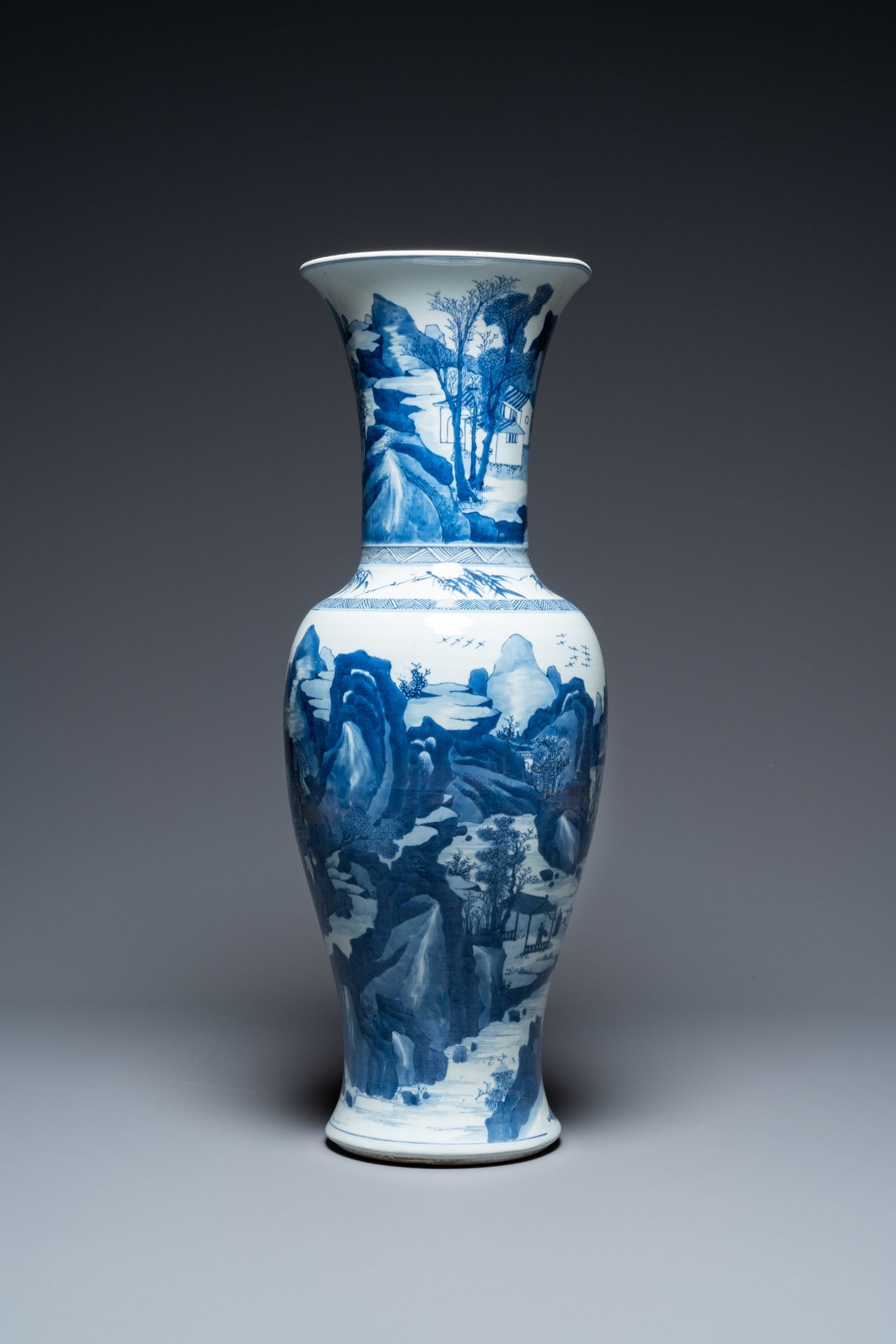 A large Chinese blue and white 'yenyen' vase with figures in a mountainous landscape, Kangxi - Image 2 of 7