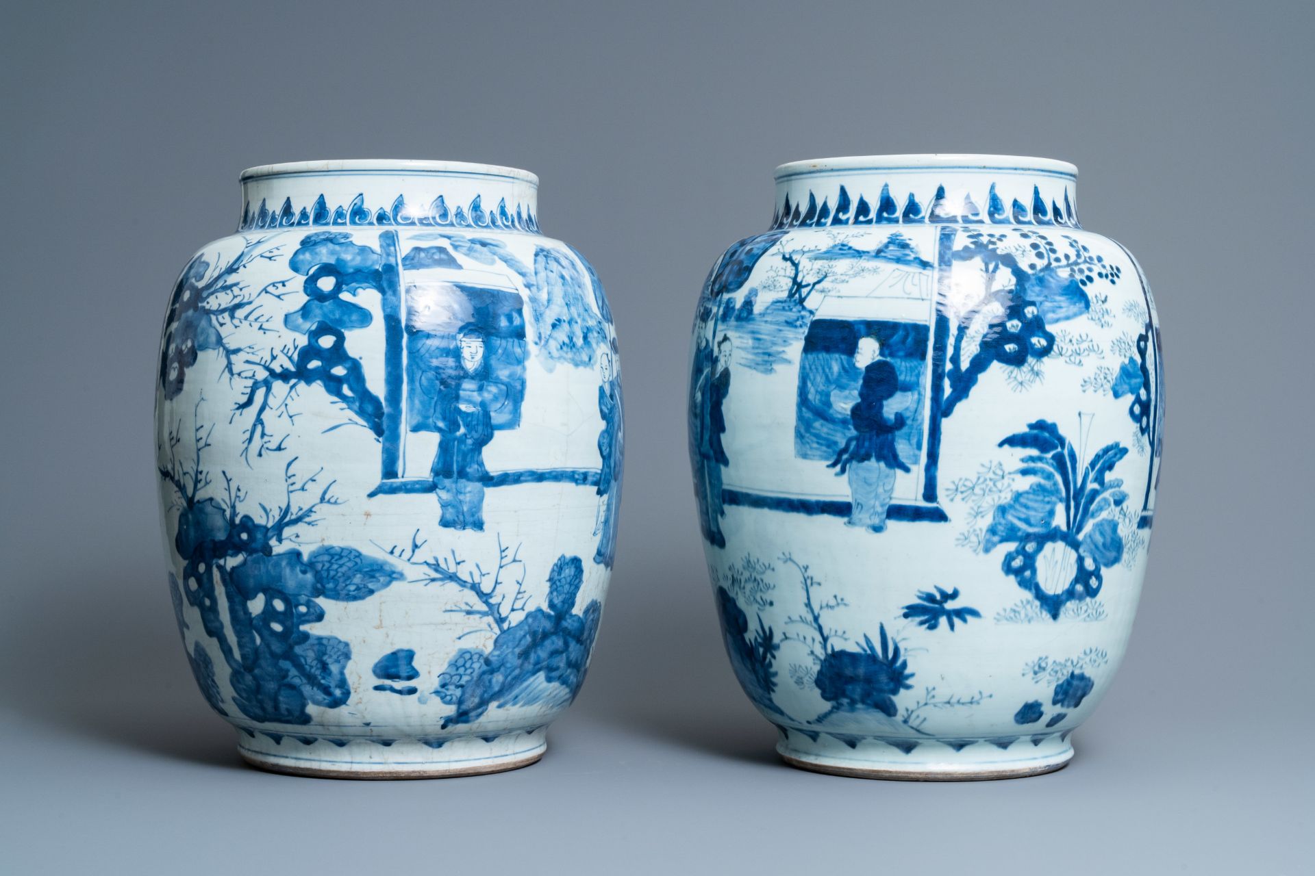 Three large Chinese blue and white vases with figures, Transitional period - Image 5 of 13