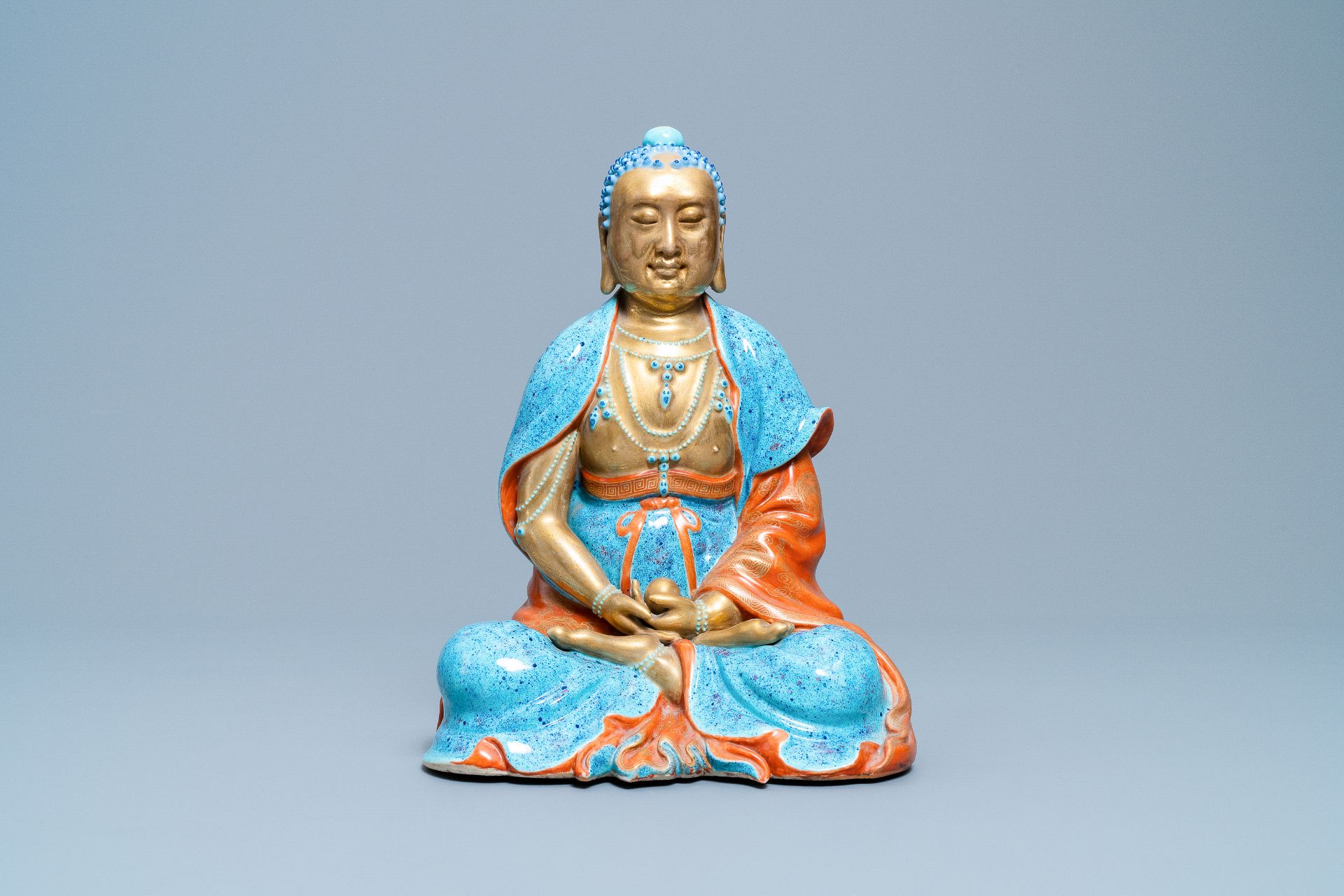 Three Chinese robin's egg and gilt figures of Bodhisattva, Qianlong/Jiaqing - Image 8 of 70