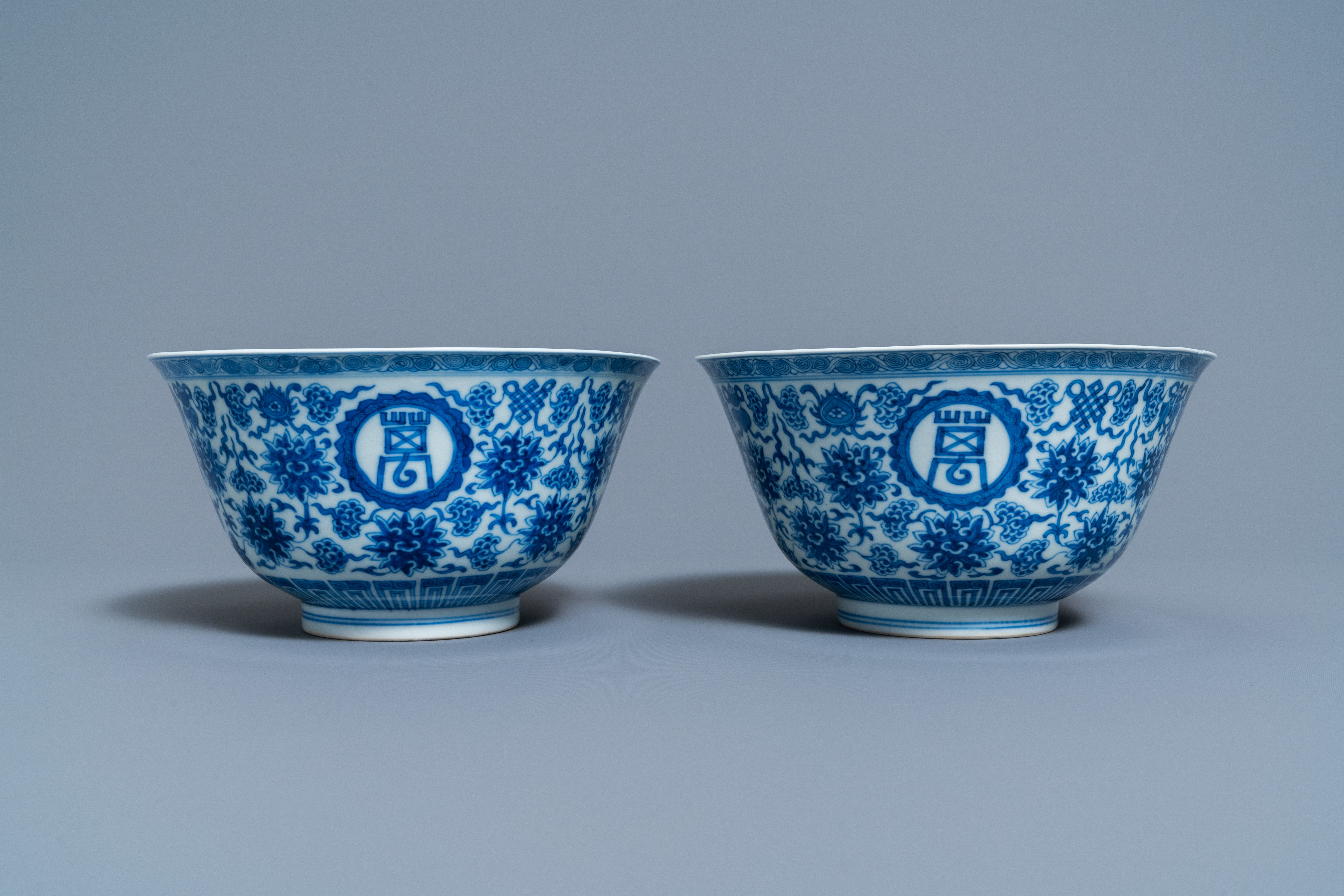 A pair of Chinese blue and white 'wan shou wu jiang' bowls, Qianlong mark and of the period - Image 5 of 9