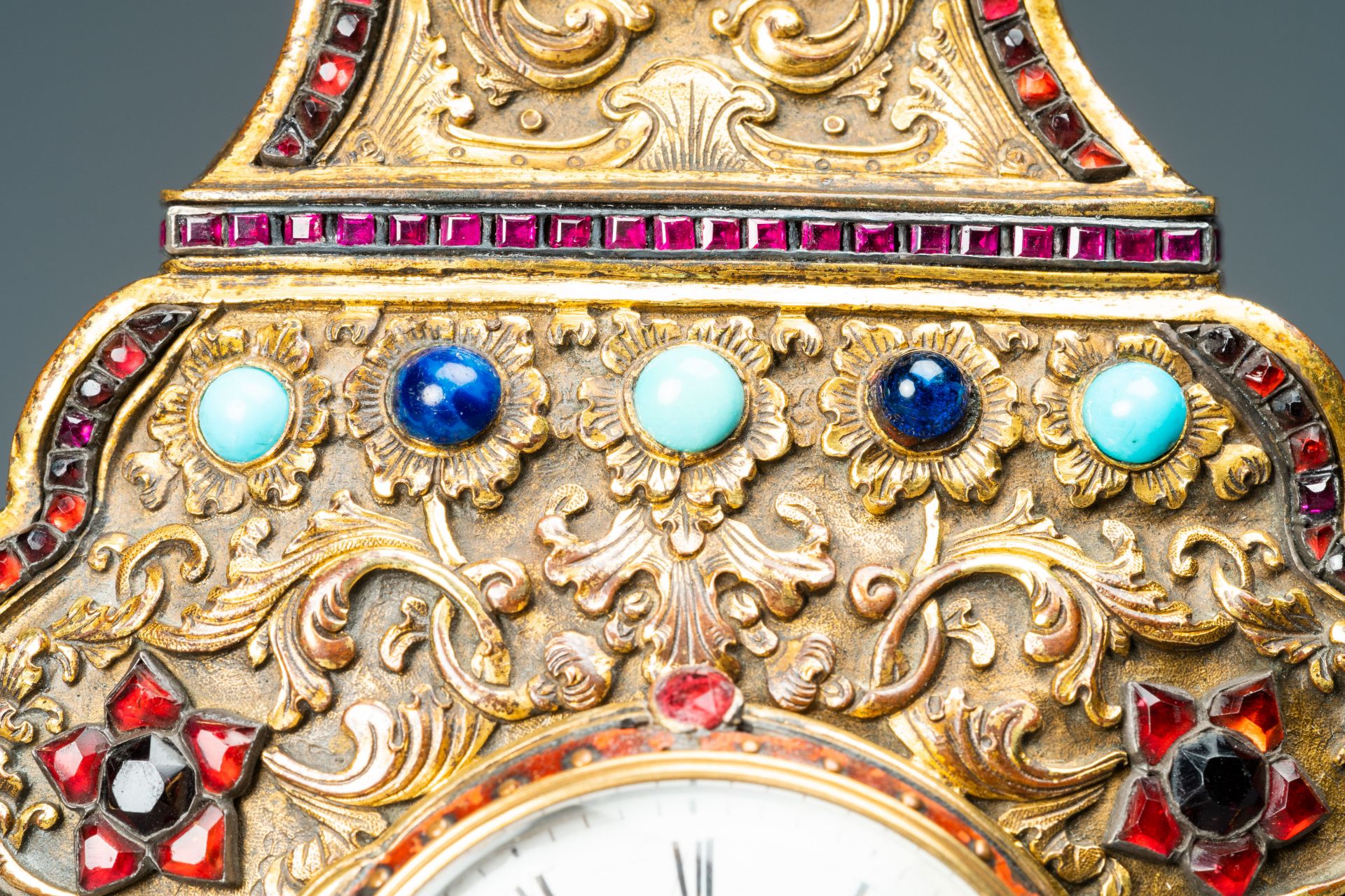 A Chinese semi-precious stone embellished gilt-bronze clock, Canton & Prior of London, Qianlong - Image 11 of 20