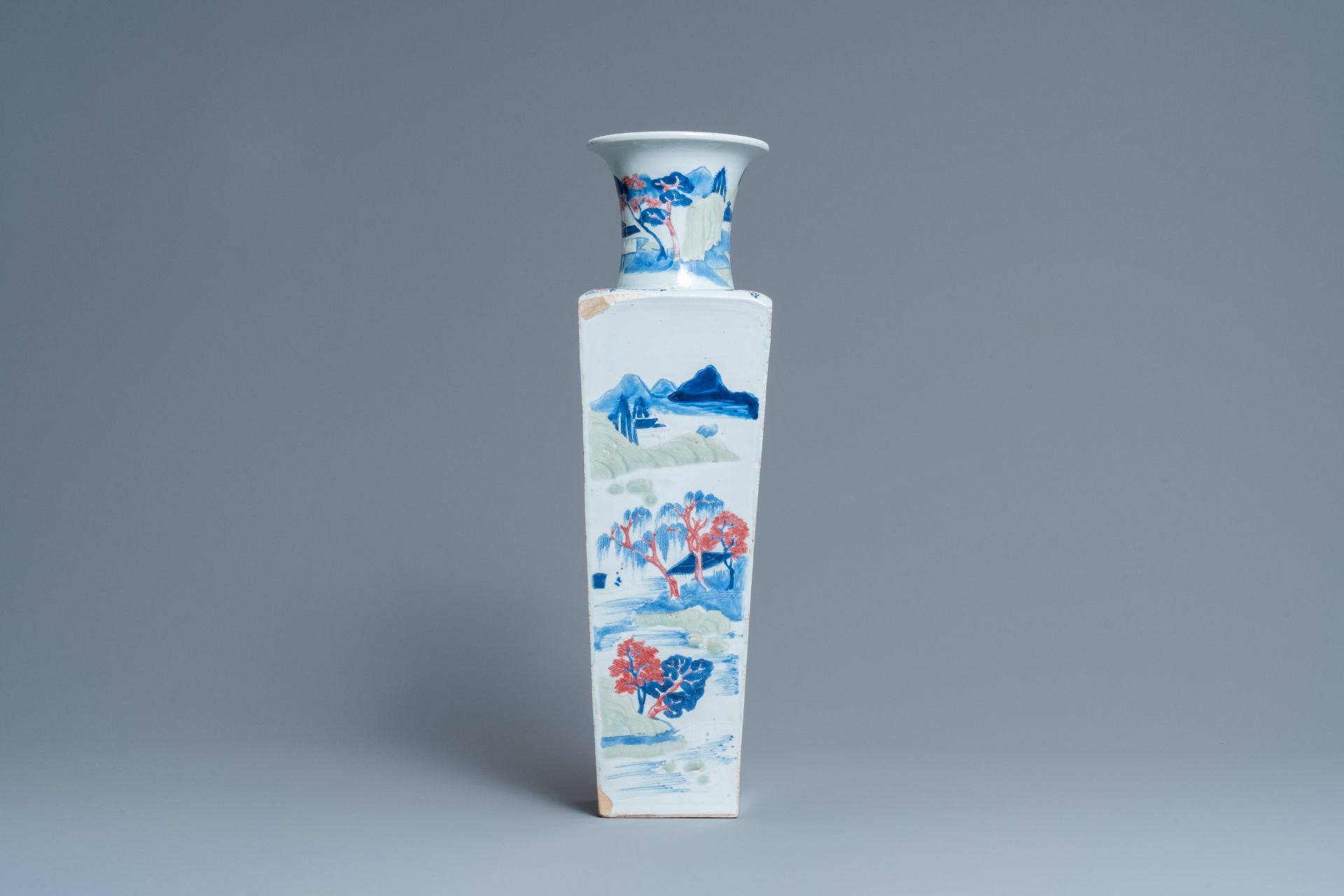 A Chinese blue and white, celadon and copper-red tapering square vase with landscape panels, Kangxi - Image 2 of 6