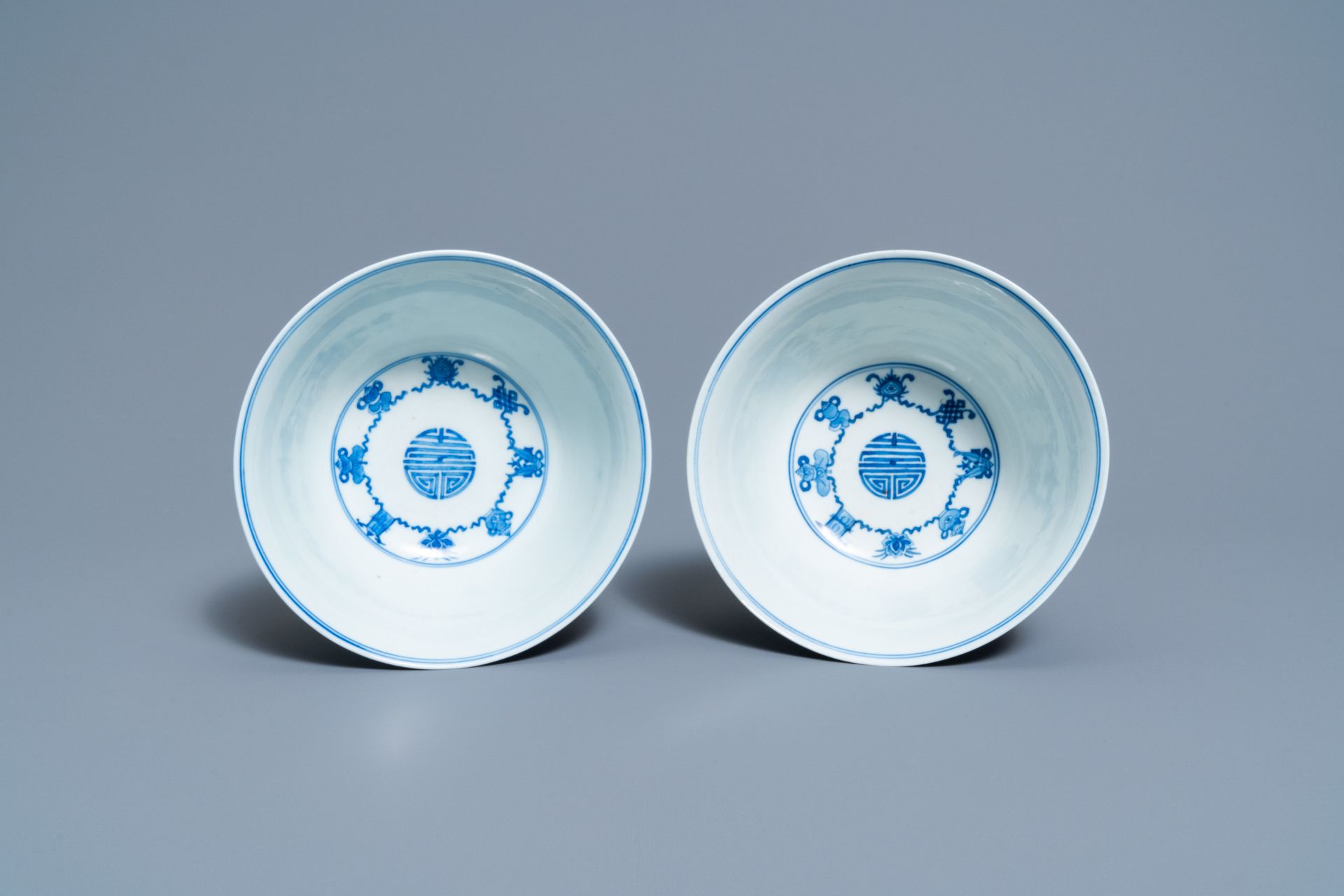 A pair of Chinese blue and white 'wan shou wu jiang' bowls, Qianlong mark and of the period - Image 8 of 9