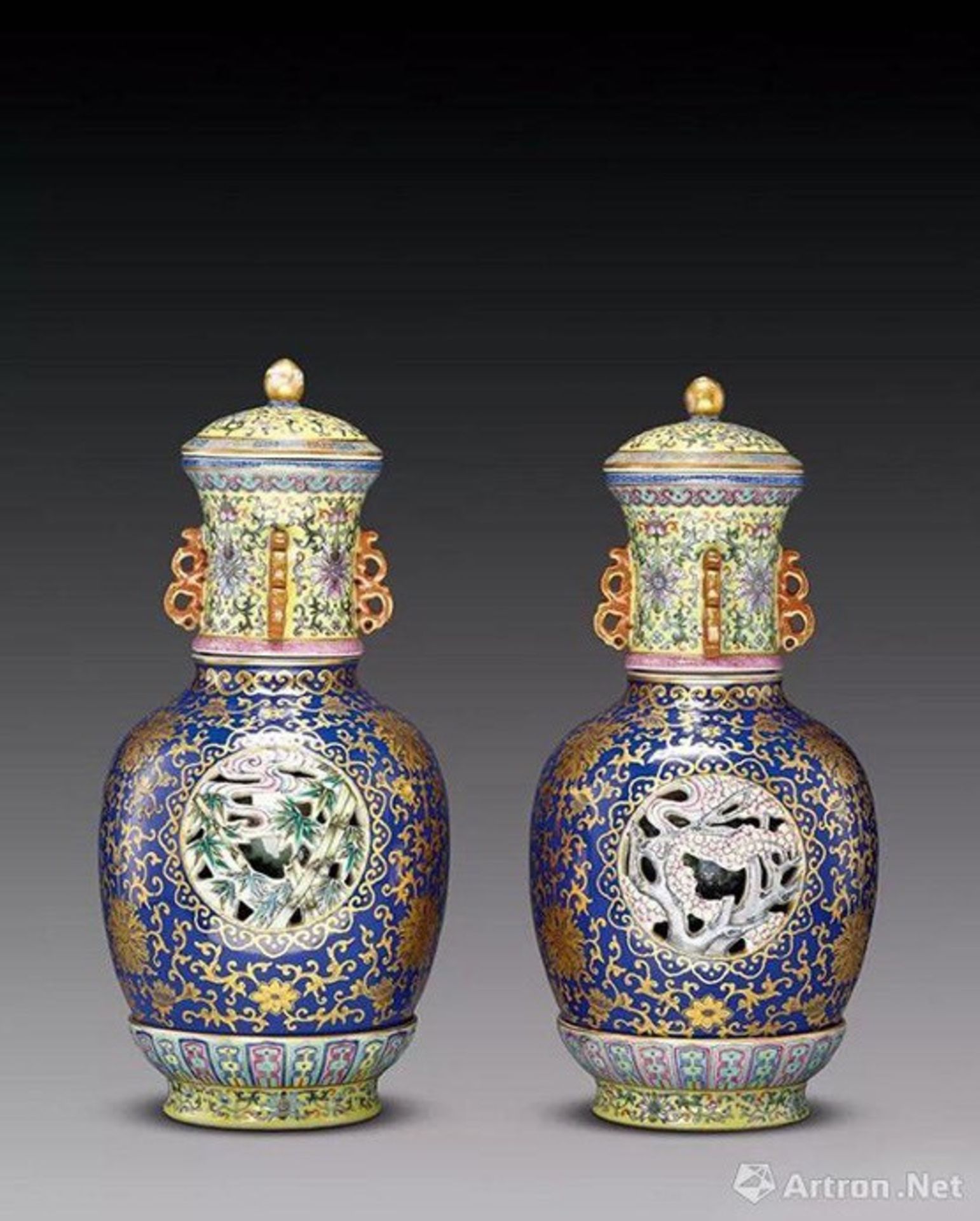 A four-piece Chinese famille rose revolving and reticulated vase, Qianlong mark, Republic - Image 19 of 19