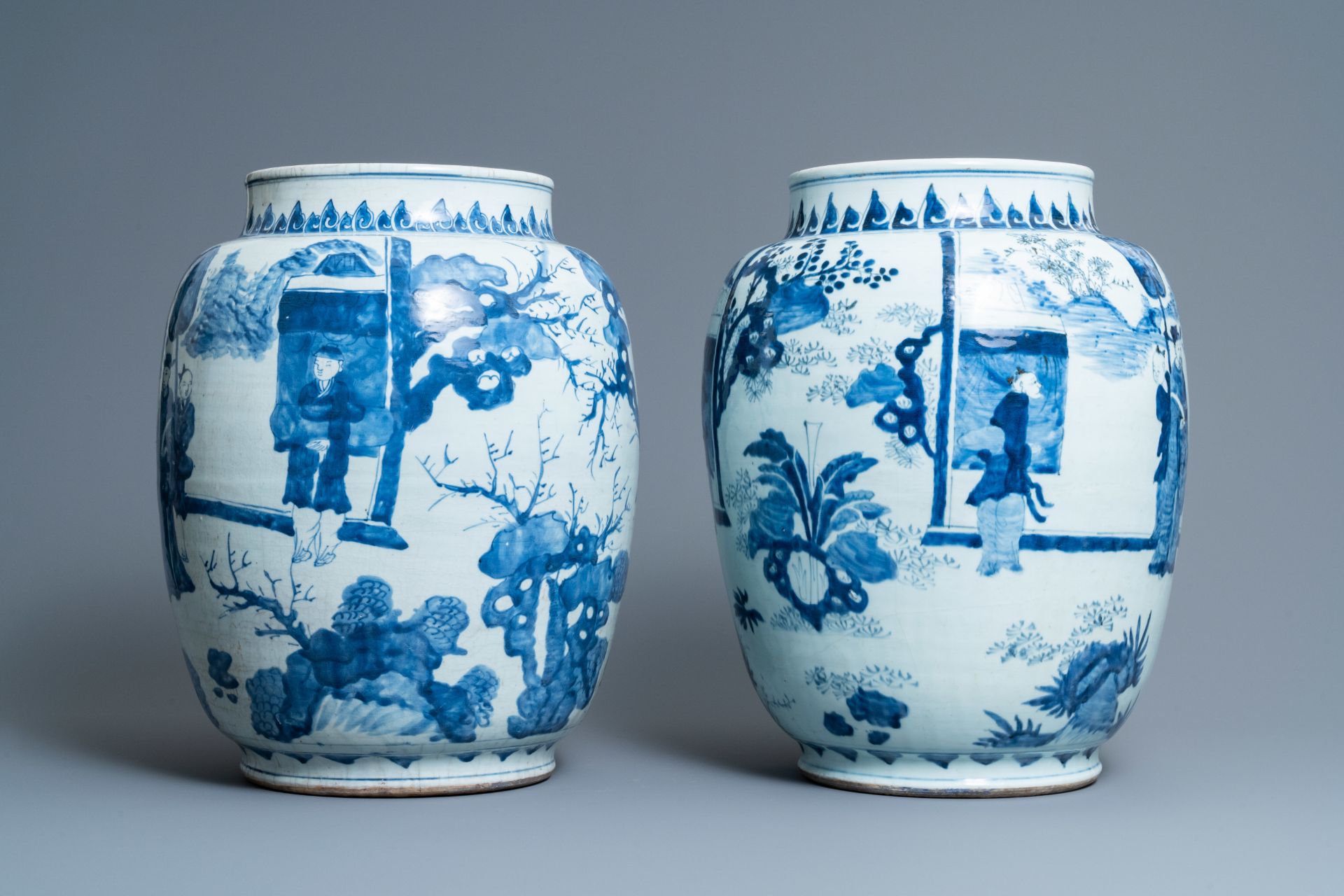 Three large Chinese blue and white vases with figures, Transitional period - Image 4 of 13