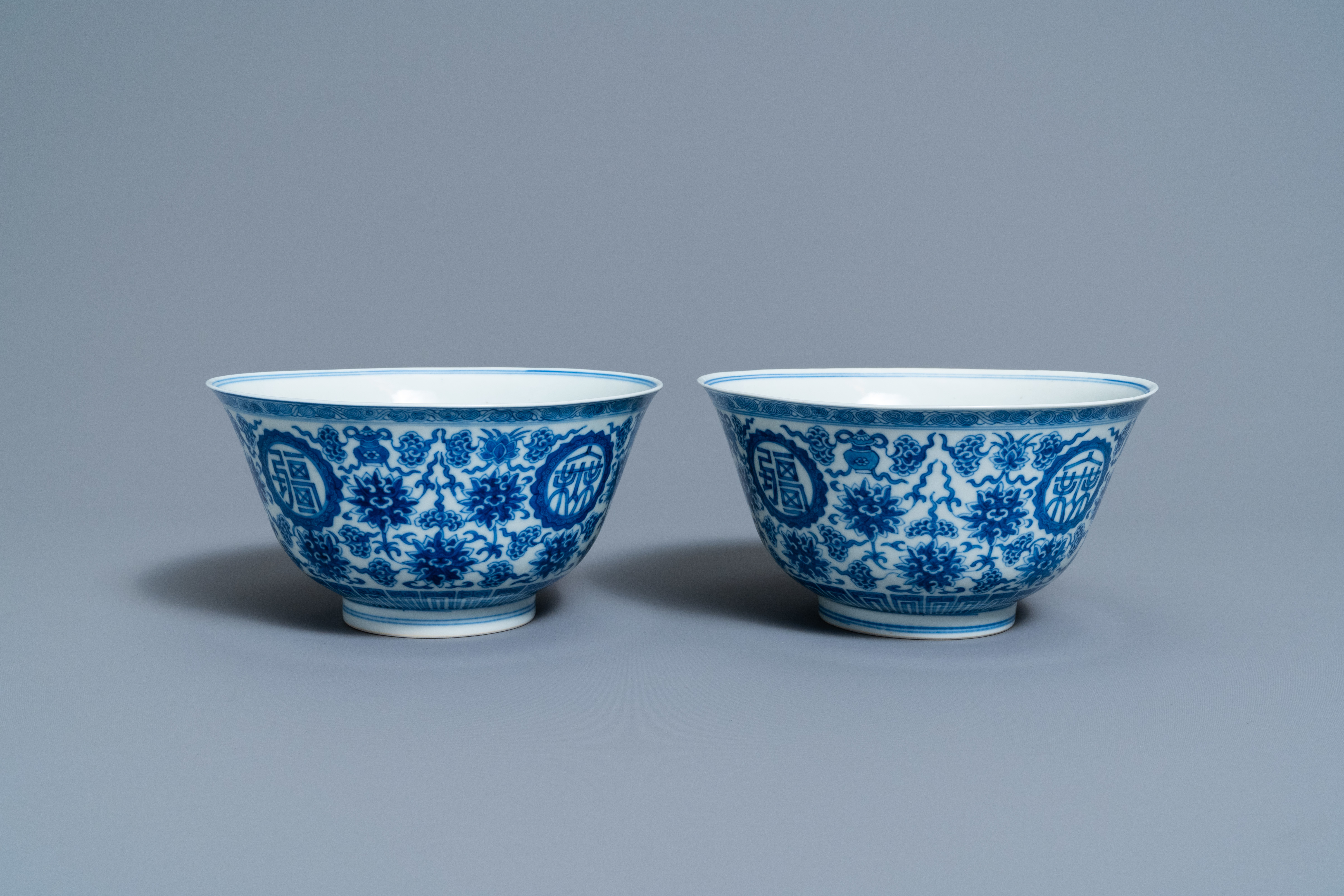 A pair of Chinese blue and white 'wan shou wu jiang' bowls, Qianlong mark and of the period - Image 2 of 9