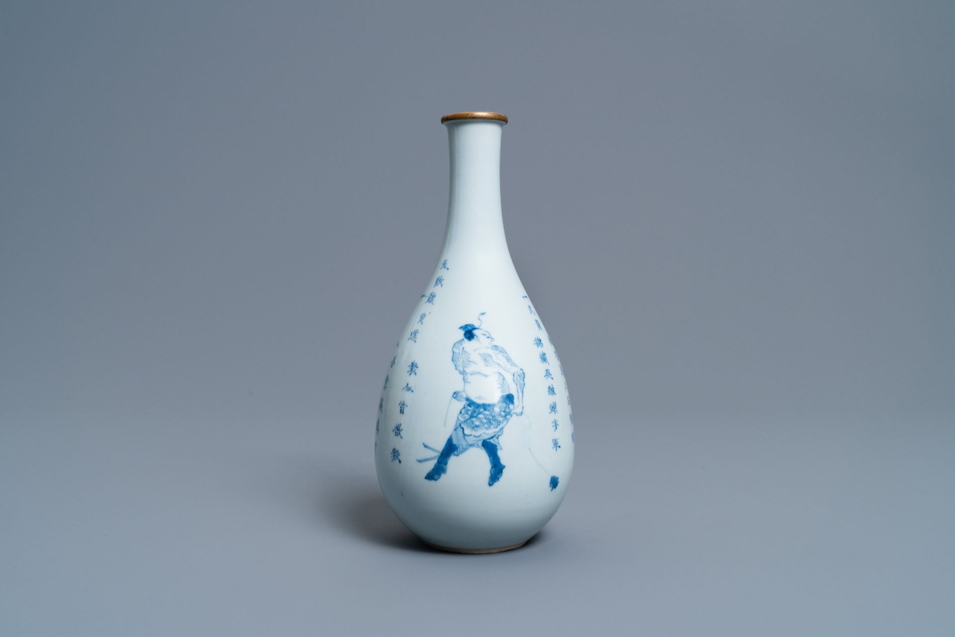 A Chinese blue and white pear-shaped 'Shuihu Zhuan' vase, Shunzhi/Kangxi - Image 2 of 8
